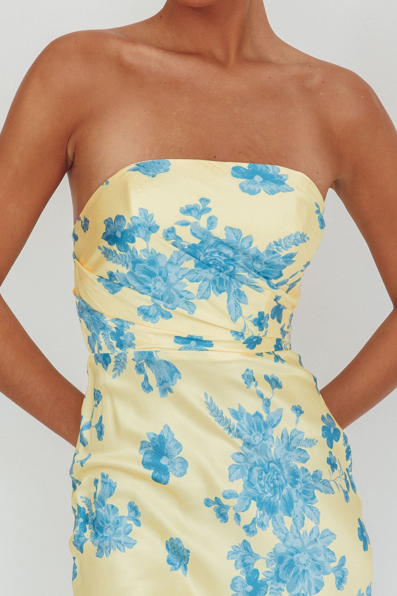 navy blue floral maxi dress City Of Stars Strapless Maxi Dress Floral Yellow
