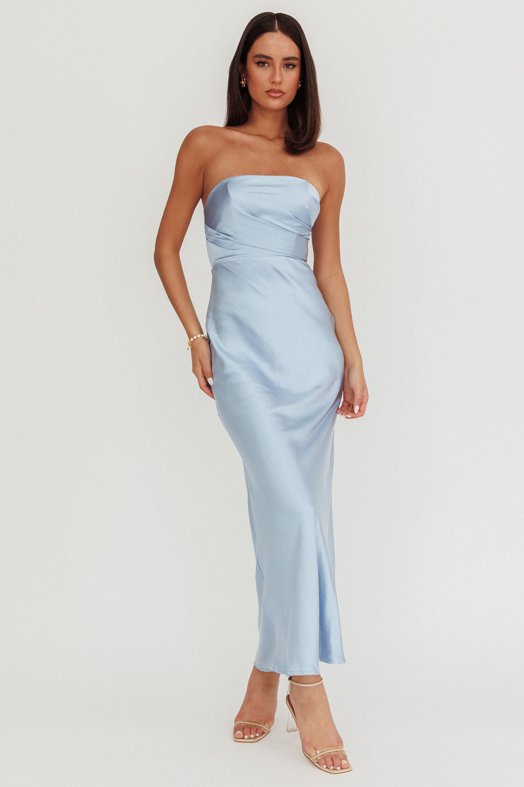 light blue strapless maxi dress Sarah Strapless Maxi Dress With Waist Tie - Ice Blue