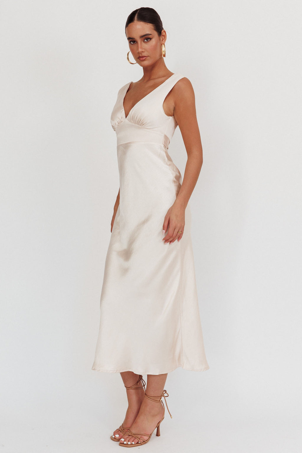 Leila V-Neck Low Back Satin Midi Dress Ivory by Selfie Leslie
