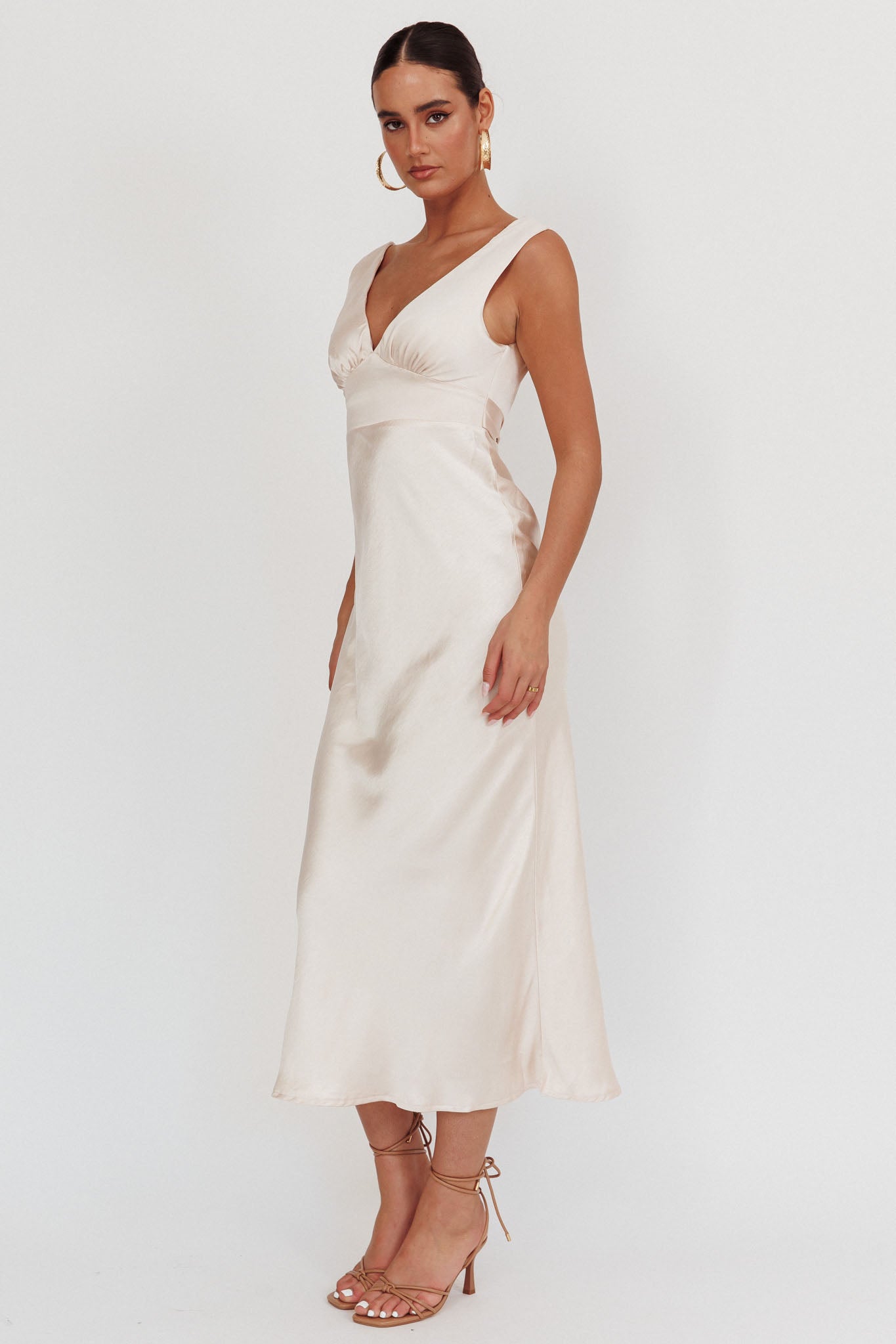 Leila V-Neck Low Back Satin Midi Dress Ivory by Selfie Leslie