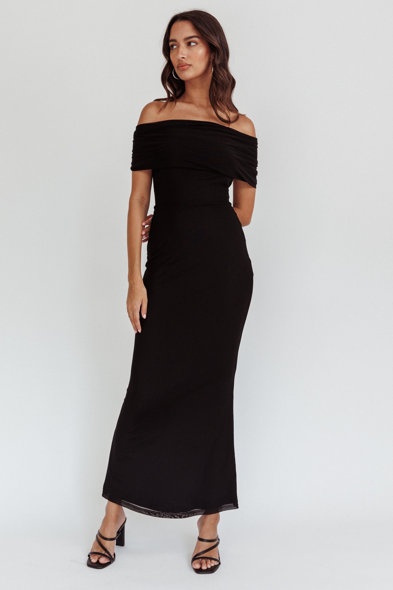 Aqaba Off-Shoulder Mesh Maxi Dress Black by Selfie Leslie