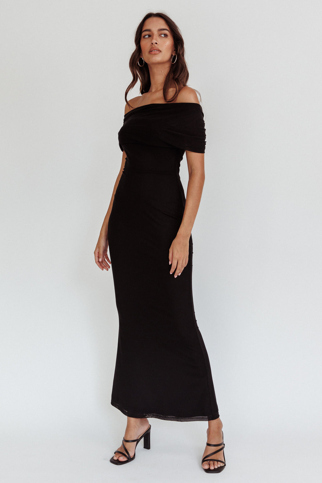 Aqaba Off-Shoulder Mesh Maxi Dress Black by Selfie Leslie