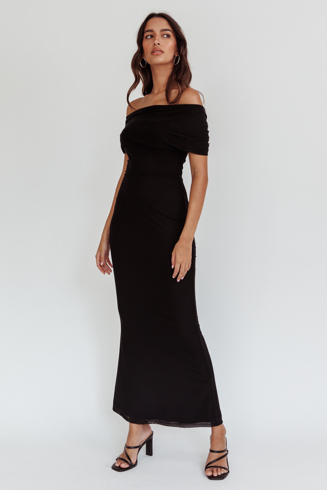 Aqaba Off-Shoulder Mesh Maxi Dress Black by Selfie Leslie