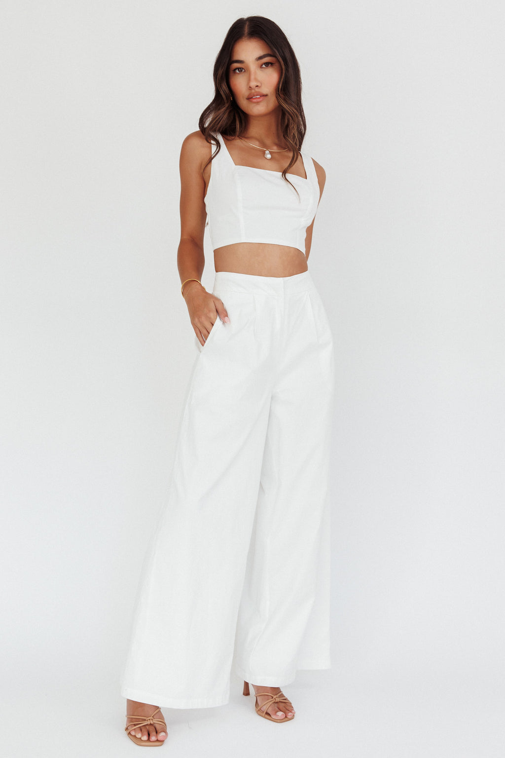 Empire Wide-Leg Side Pocket Pants White by Selfie Leslie