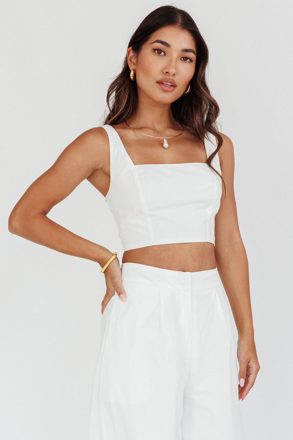 Empire Shirred Back Crop Top White by Selfie Leslie