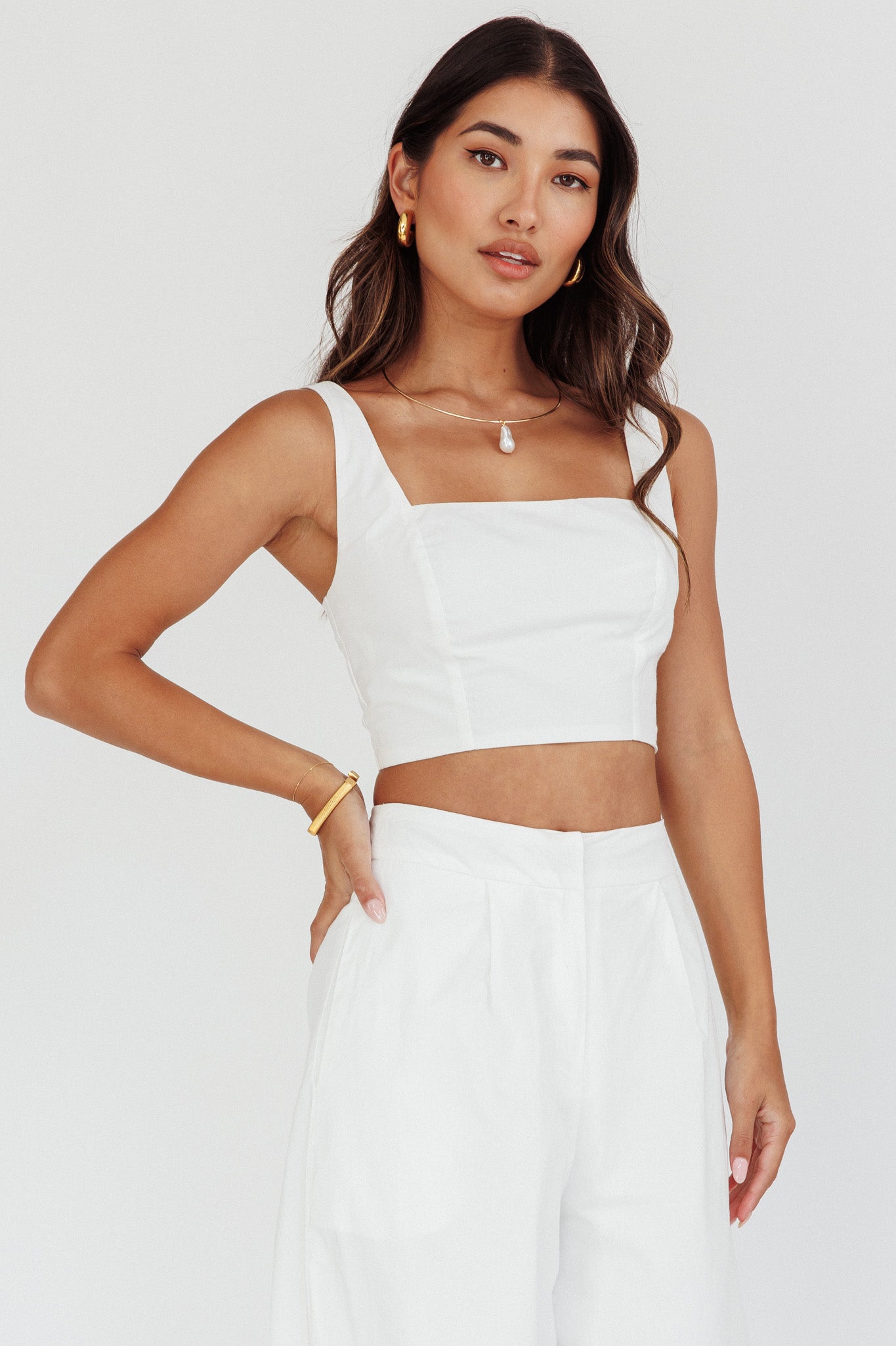 Empire Shirred Back Crop Top White by Selfie Leslie