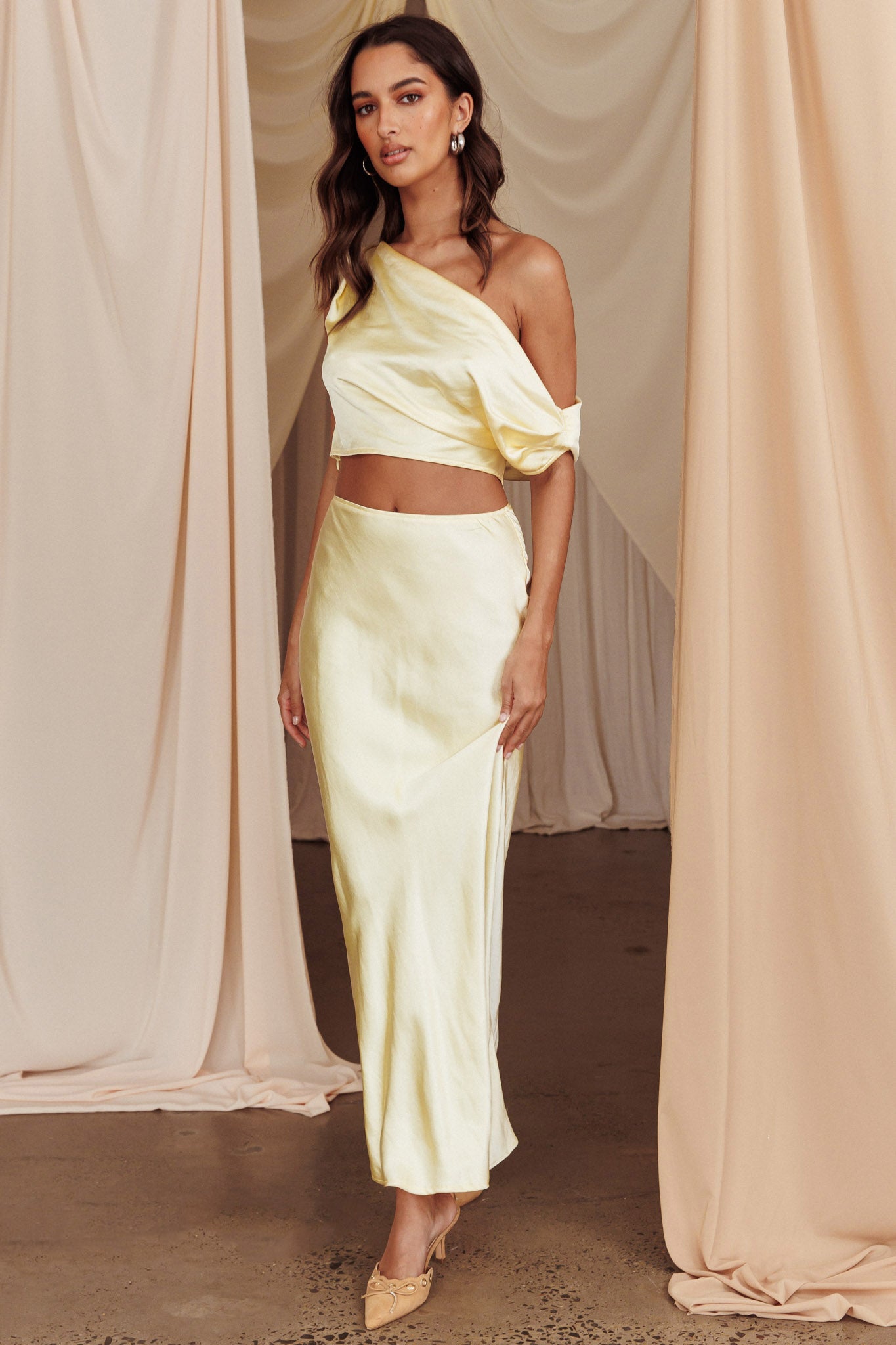 Alivya Satin Maxi Skirt Butter by Selfie Leslie