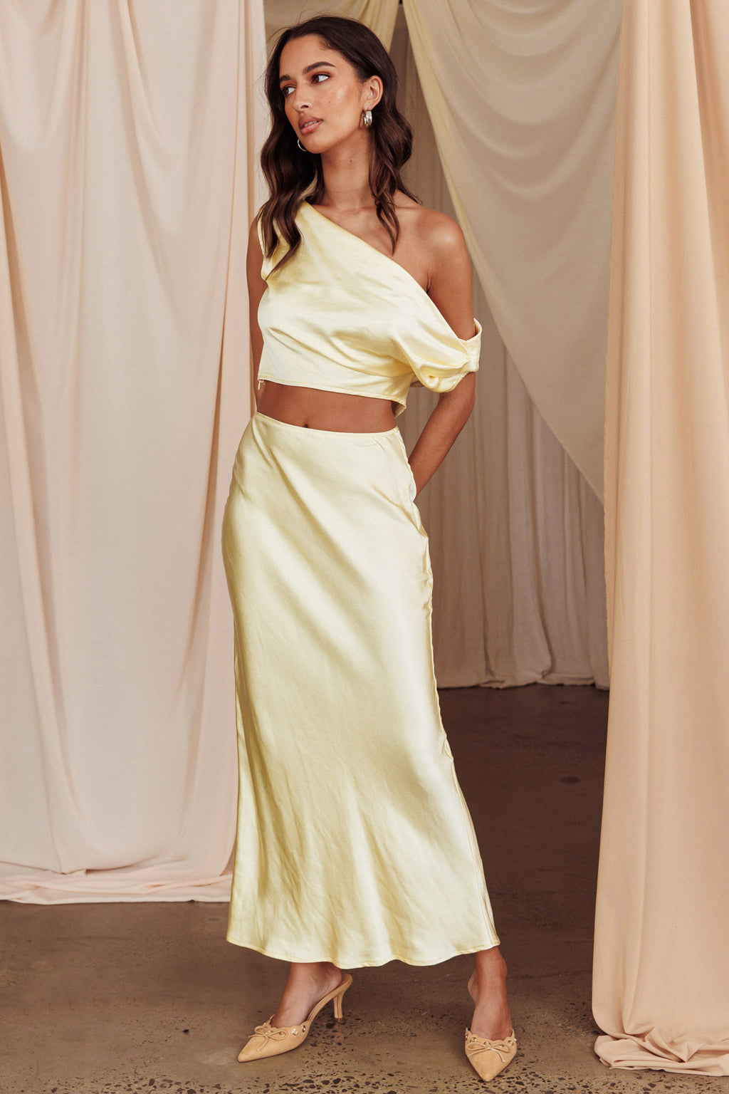 Alivya Satin Maxi Skirt Butter by Selfie Leslie