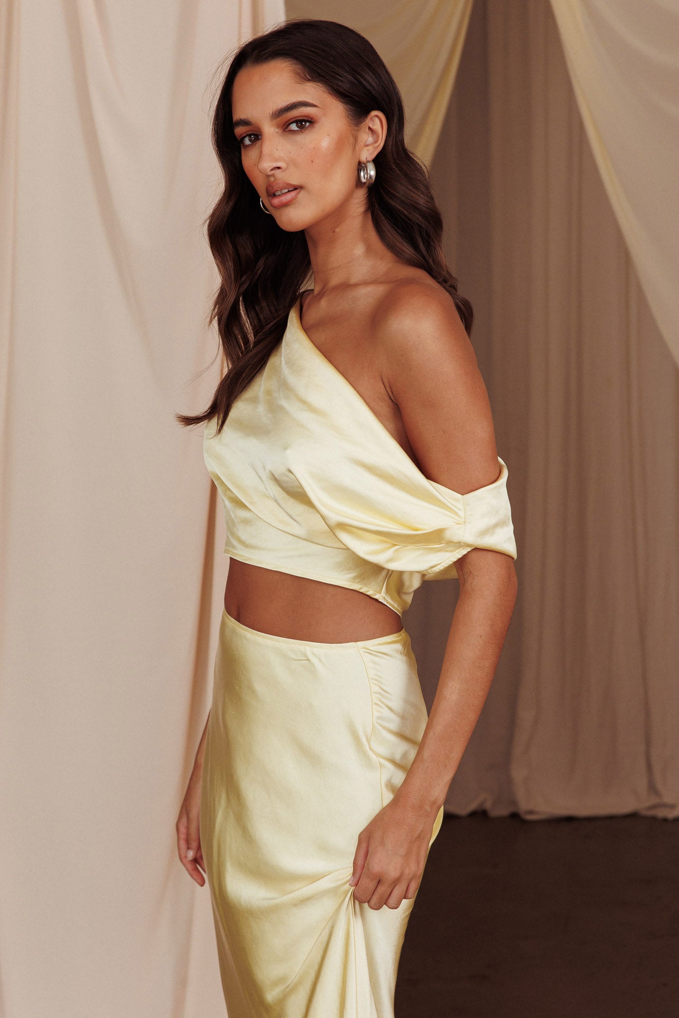 Alivya On-Off-Shoulder Satin Top Butter by Selfie Leslie