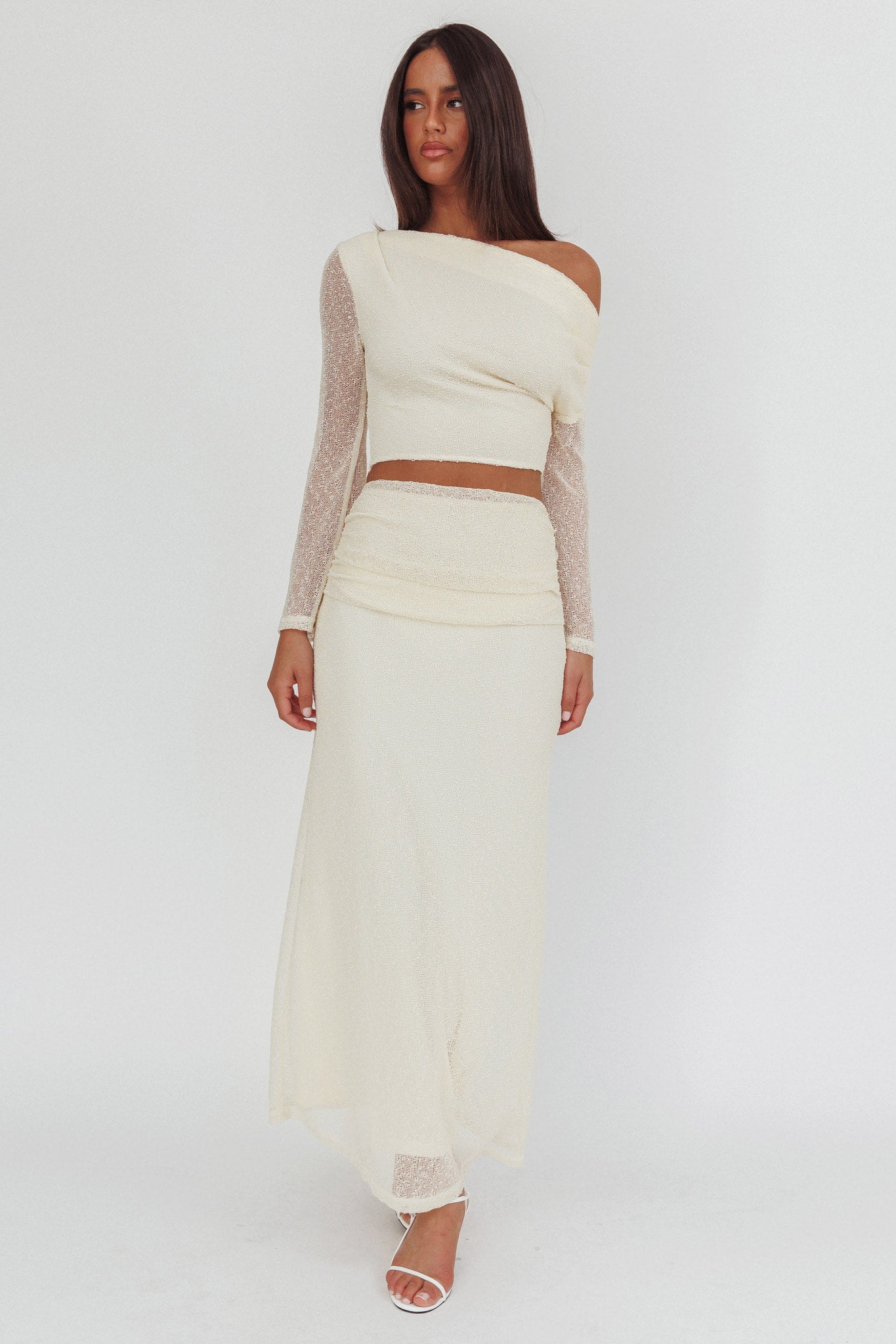 Alivya Ruched Side Maxi Skirt Butter by Selfie Leslie