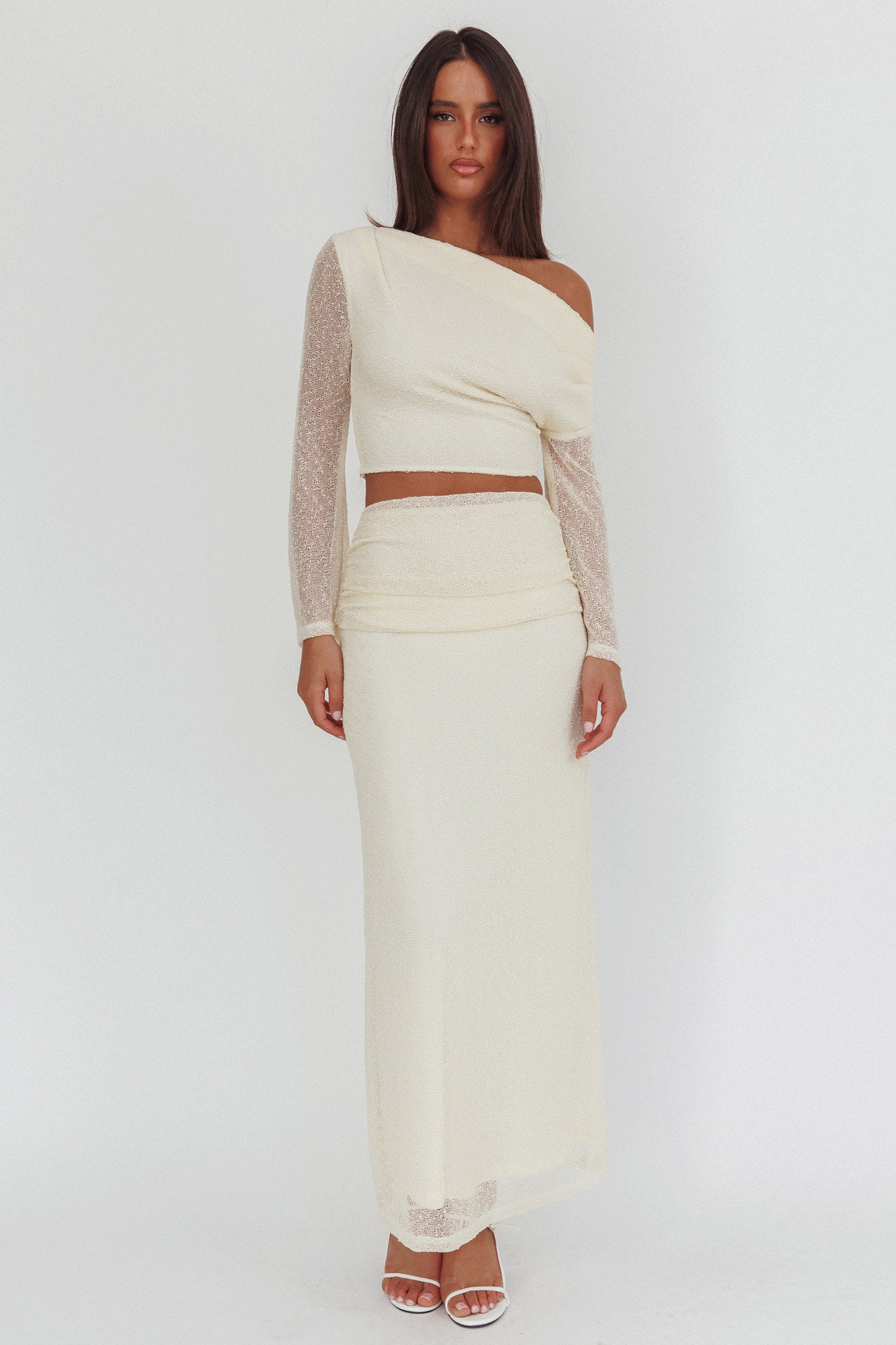 Alivya Ruched Side Maxi Skirt Butter by Selfie Leslie