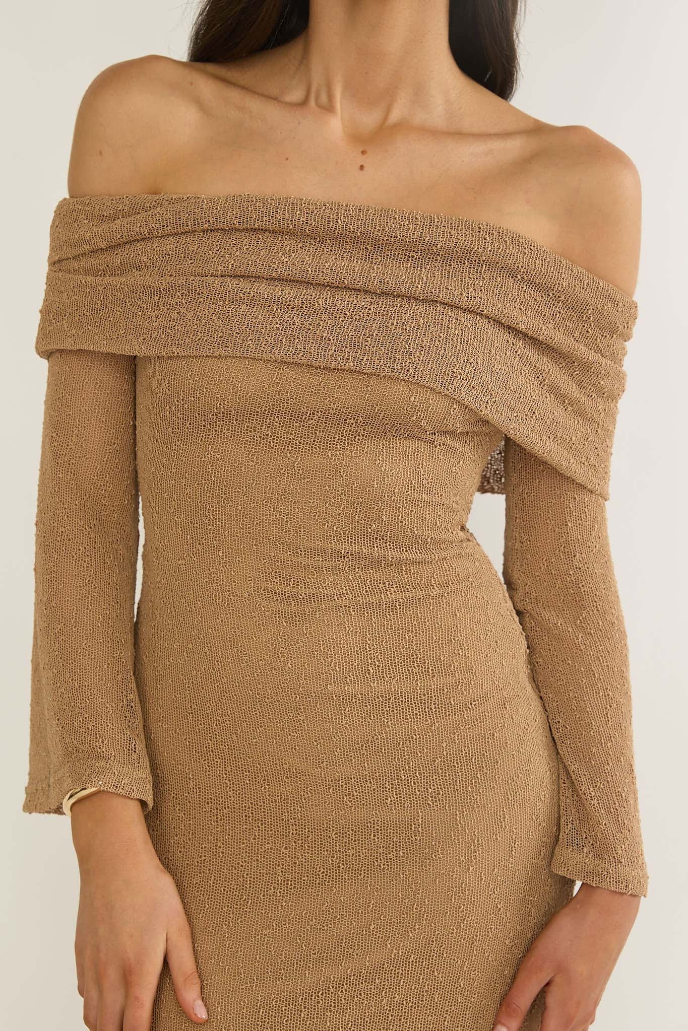 Alivya Off-Shoulder Knit Maxi Dress Mocha by Selfie Leslie