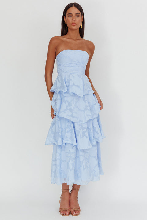 Giavana Strapless Layered Midi Dress Floral Embossed Blue– Selfie Leslie