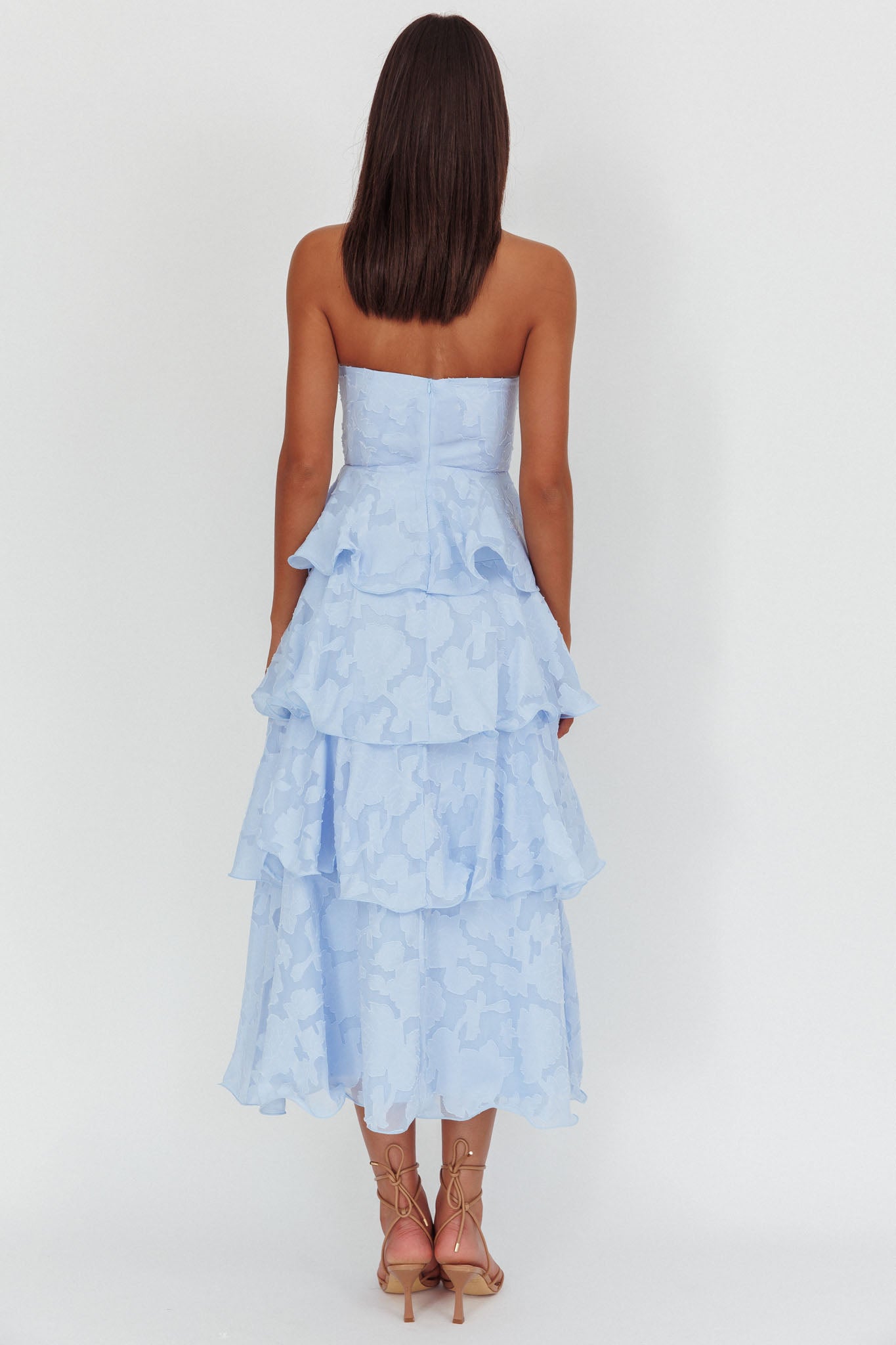 Giavana Strapless Layered Midi Dress Floral Embossed Blue Giavana Strapless Layered Midi Dress Floral Embossed Blue