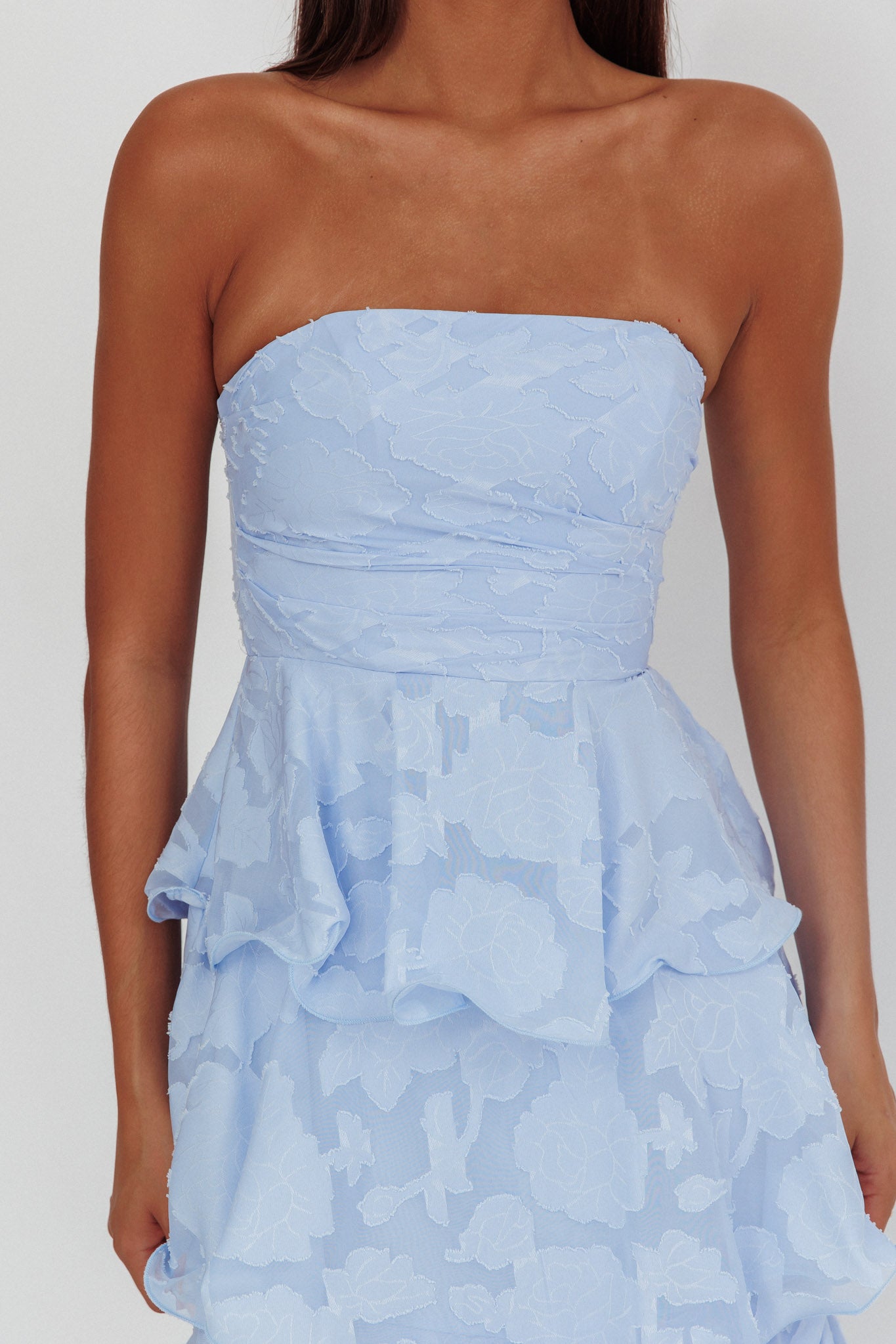 Giavana Strapless Layered Midi Dress Floral Embossed Blue Giavana Strapless Layered Midi Dress Floral Embossed Blue