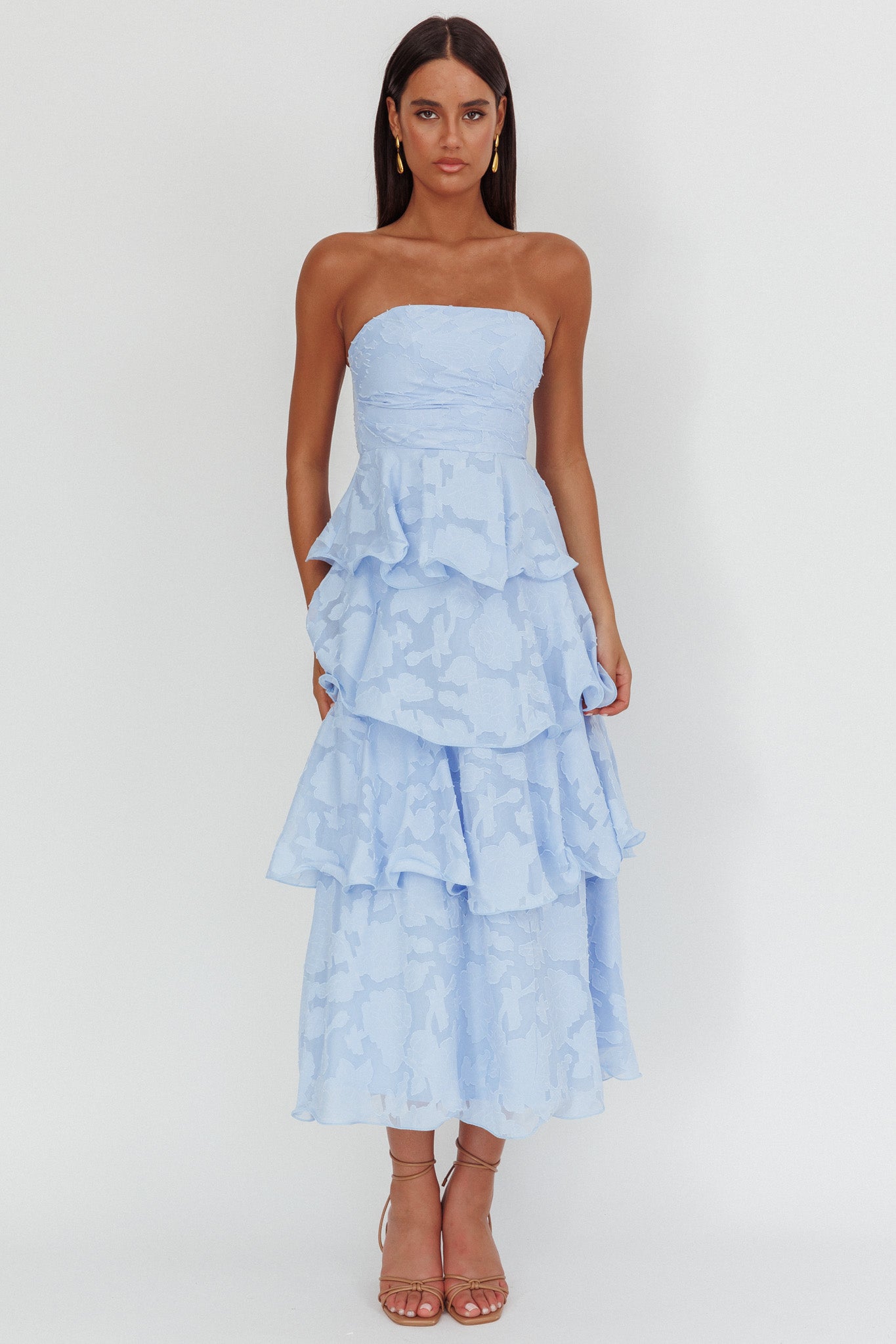Giavana Strapless Layered Midi Dress Floral Embossed Blue | Selfie