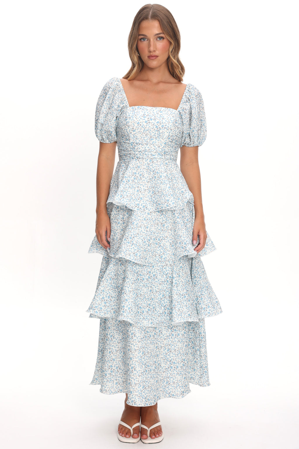 eviana maxi dress floral Giavana Puff Sleeve Layered Maxi Dress Floral Blue