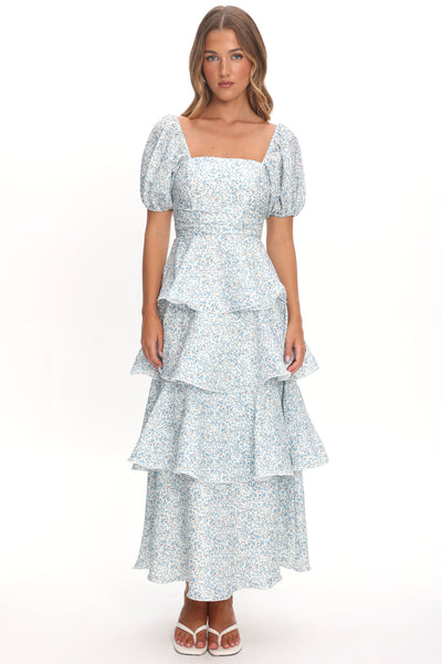 Giavana Puff Sleeve Layered Maxi Dress Floral Blue– Selfie Leslie