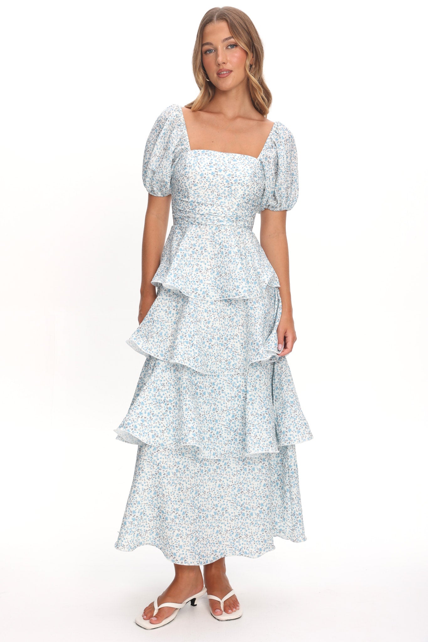 Giavana Puff Sleeve Layered Maxi Dress Floral Blue Giavana Puff Sleeve Layered Maxi Dress Floral Blue