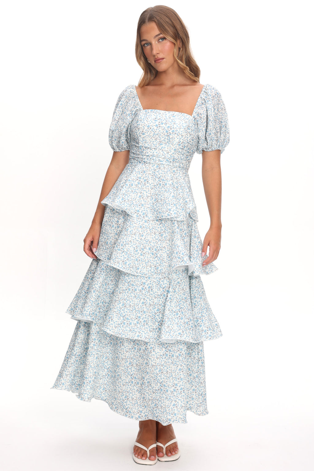 Giavana Puff Sleeve Layered Maxi Dress Floral Blue