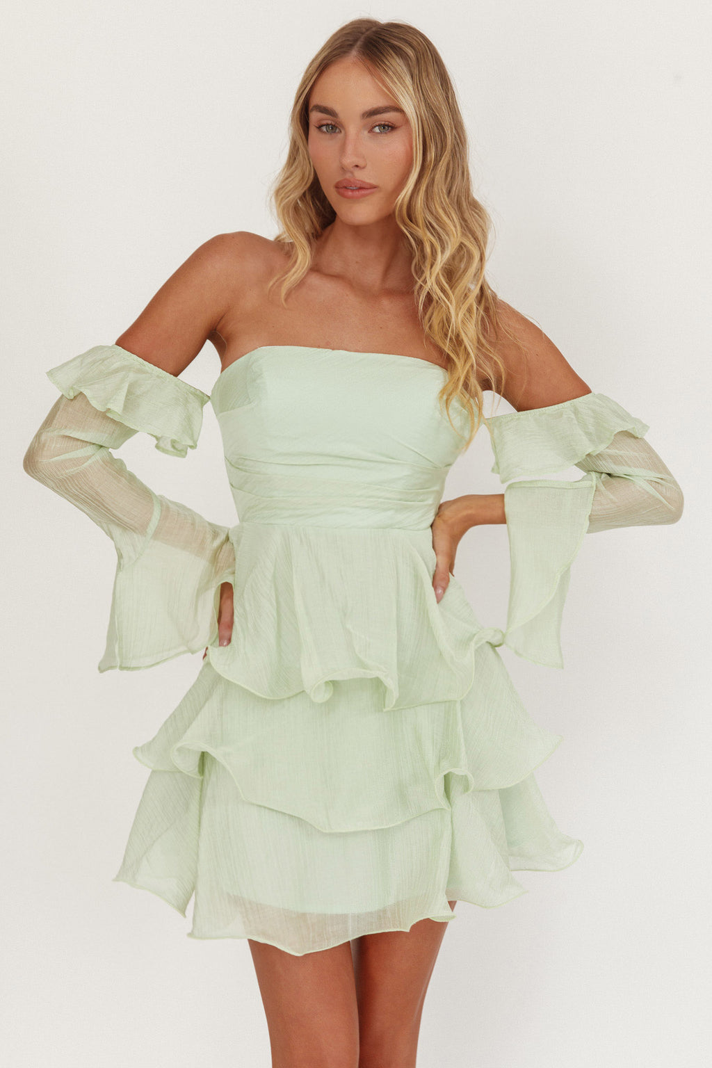 Giavana Off-Shoulder Layered Mini Dress Sage by Selfie Leslie