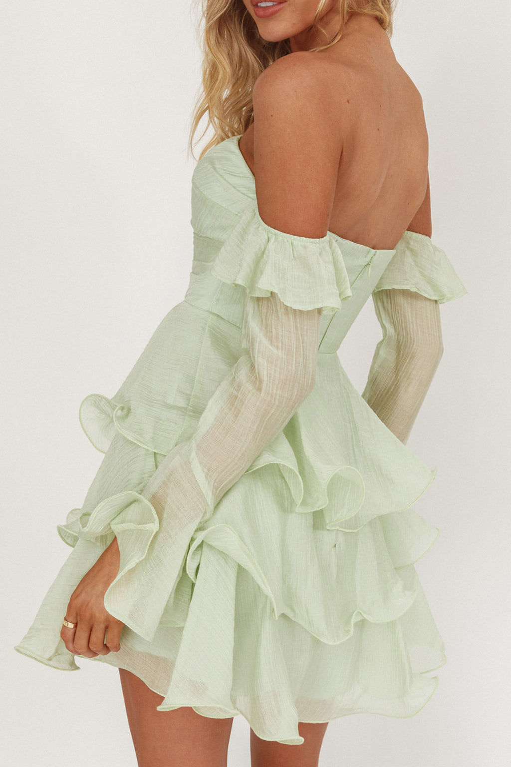 Giavana Off-Shoulder Layered Mini Dress Sage by Selfie Leslie