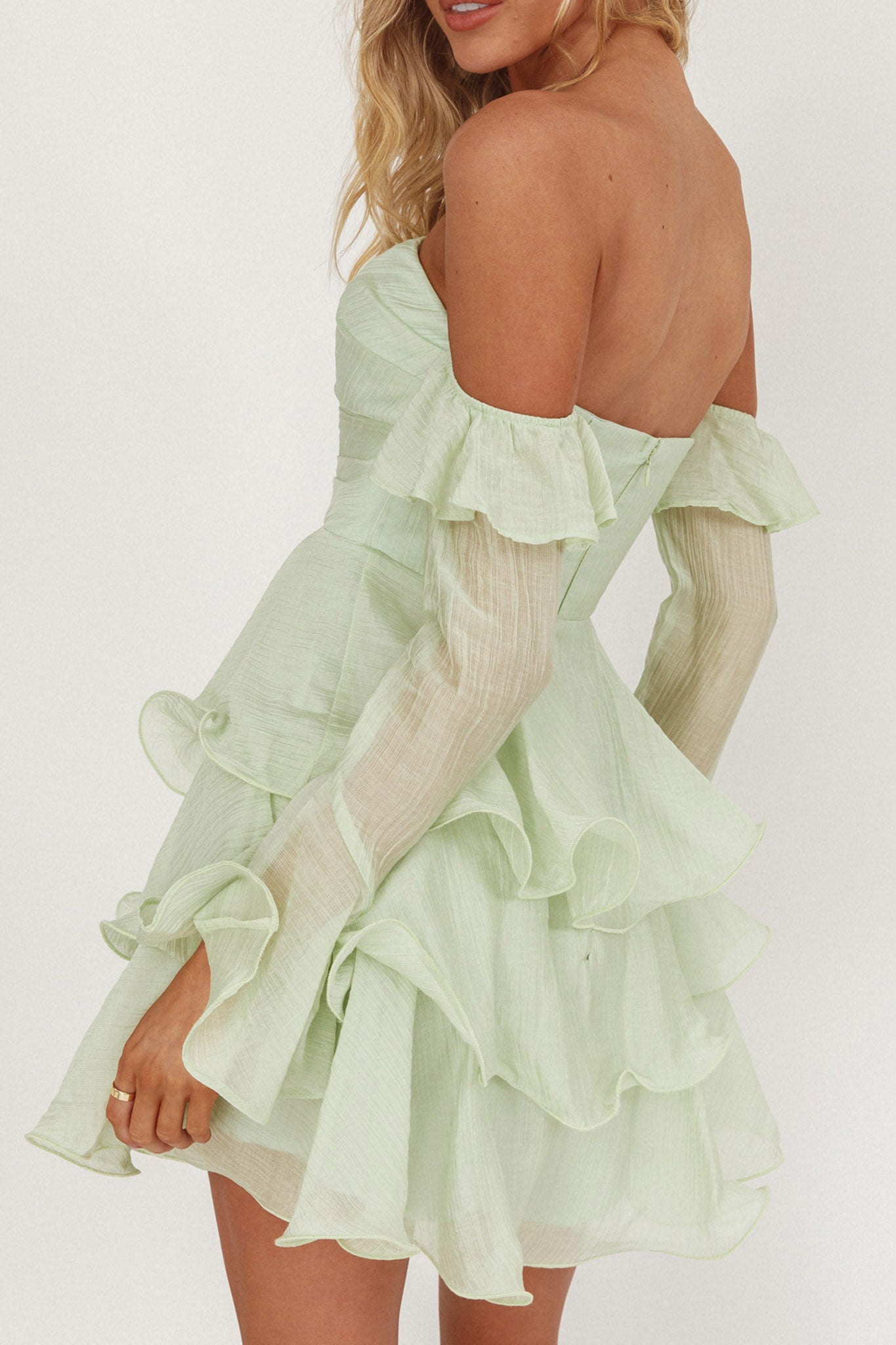 Giavana Off-Shoulder Layered Mini Dress Sage by Selfie Leslie