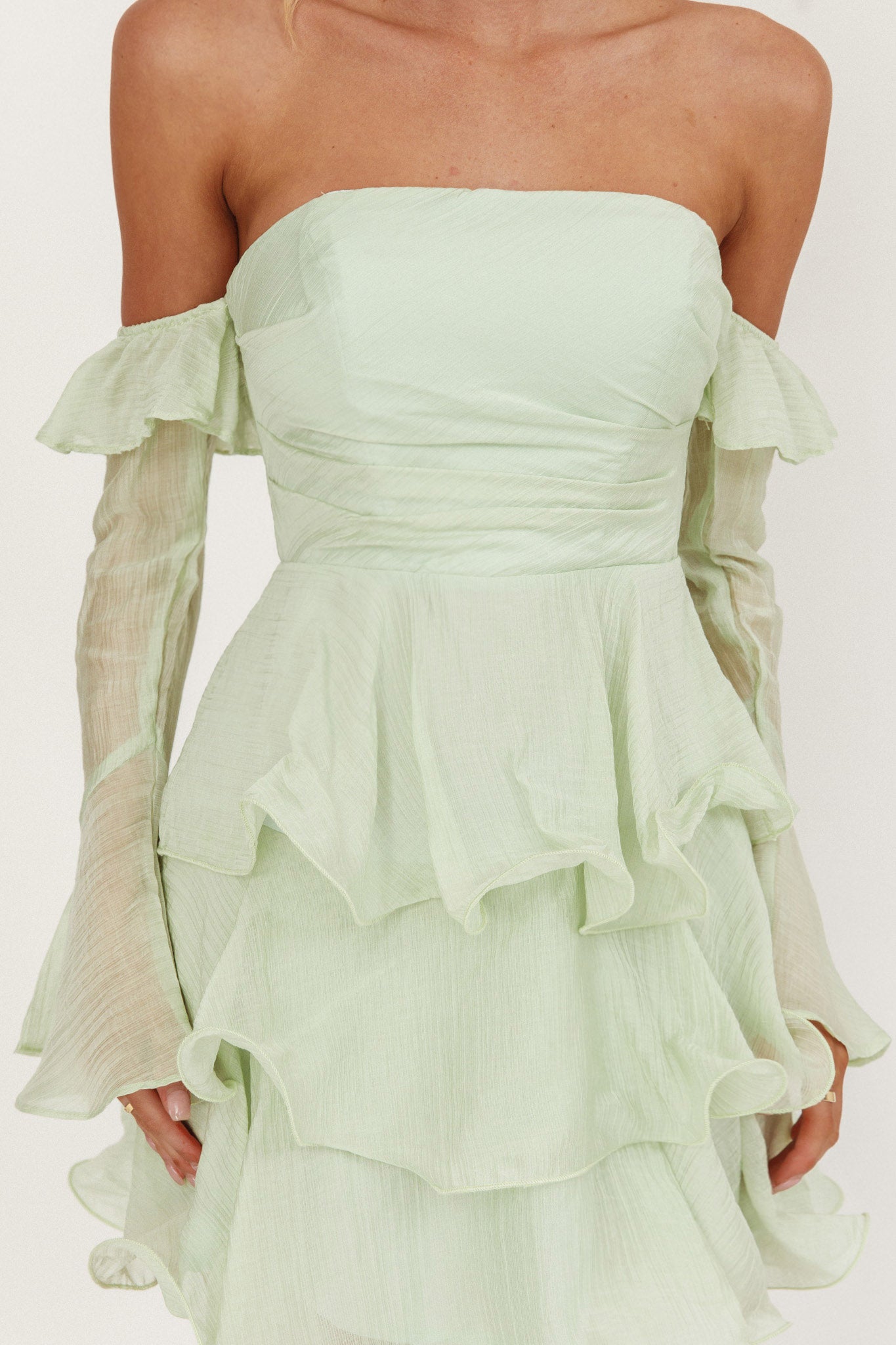 Giavana Off-Shoulder Layered Mini Dress Sage by Selfie Leslie