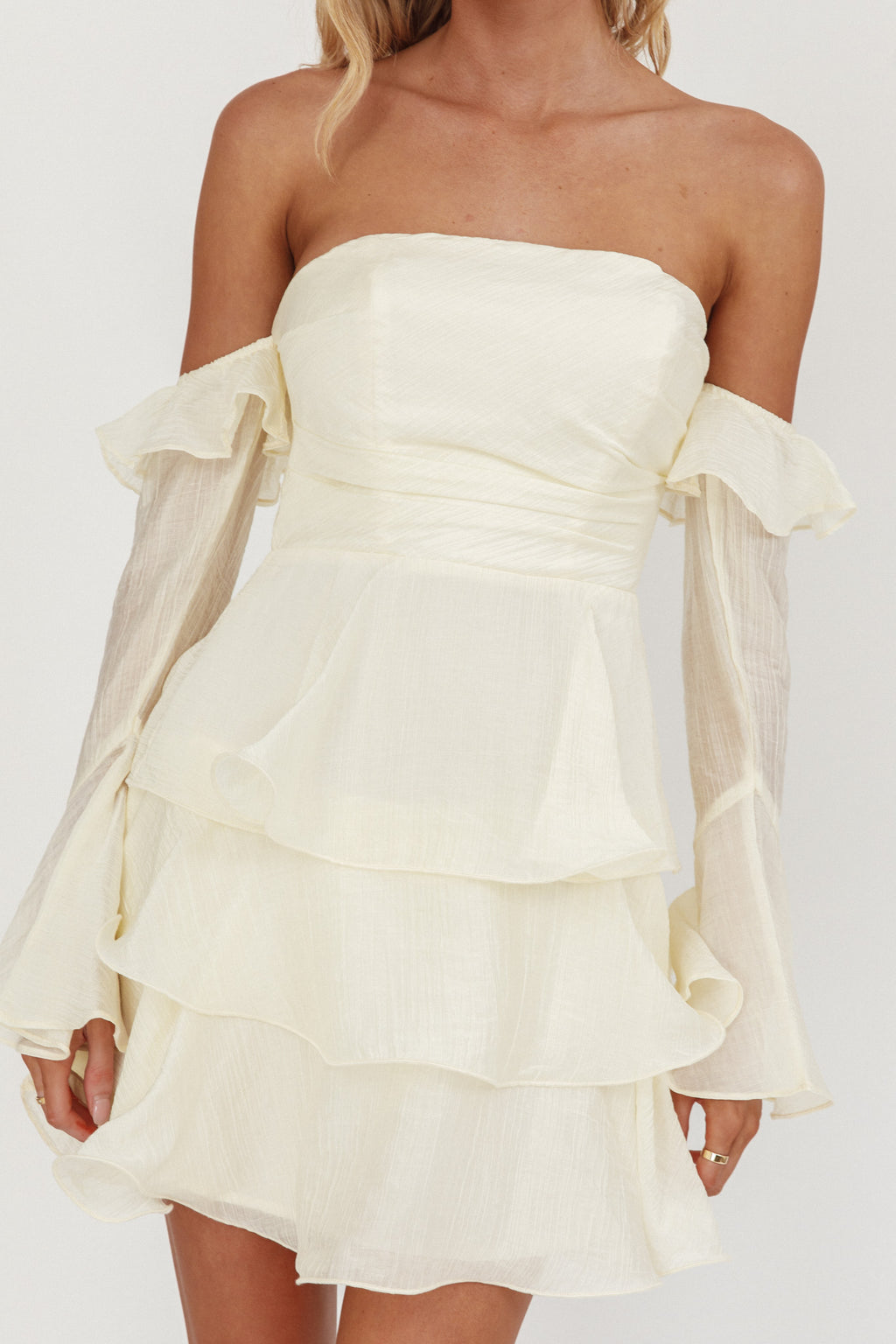 Giavana Off-Shoulder Layered Mini Dress Cream by Selfie Leslie