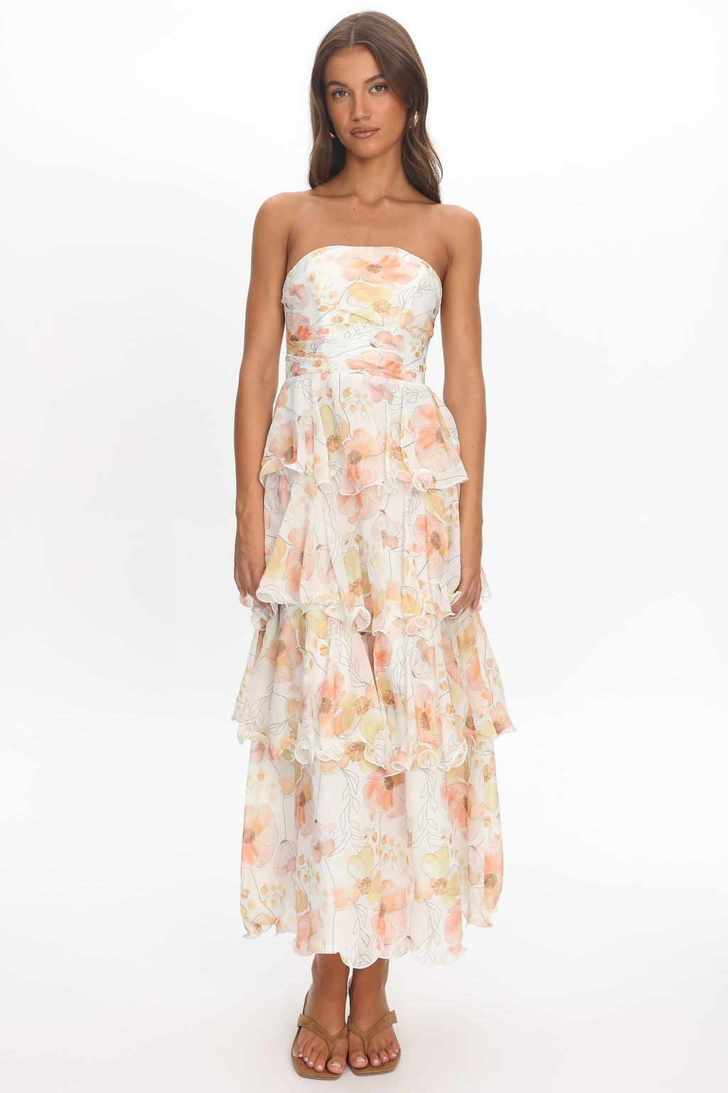 Giavana Strapless Layered Midi Dress Floral Beige - XL Giavana Strapless Layered Midi Dress Floral Beige - XL