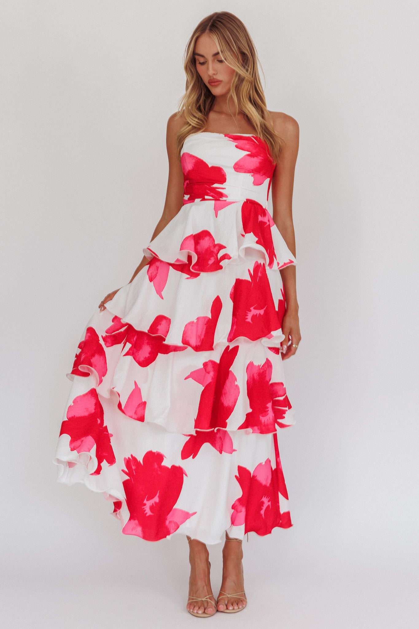 Giavana Strapless Layered Midi Dress Floral Red by Selfie Leslie