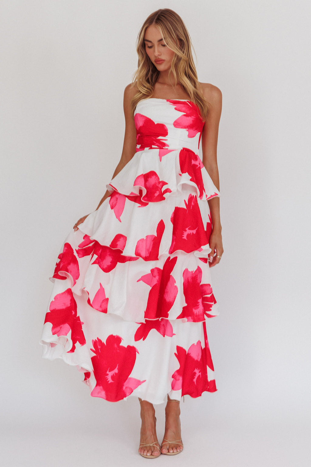 Giavana Strapless Layered Midi Dress Floral Red by Selfie Leslie