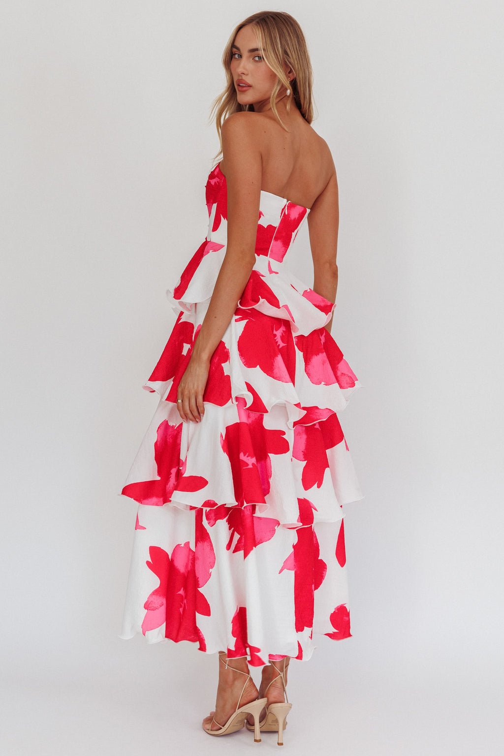 Giavana Strapless Layered Midi Dress Floral Red by Selfie Leslie
