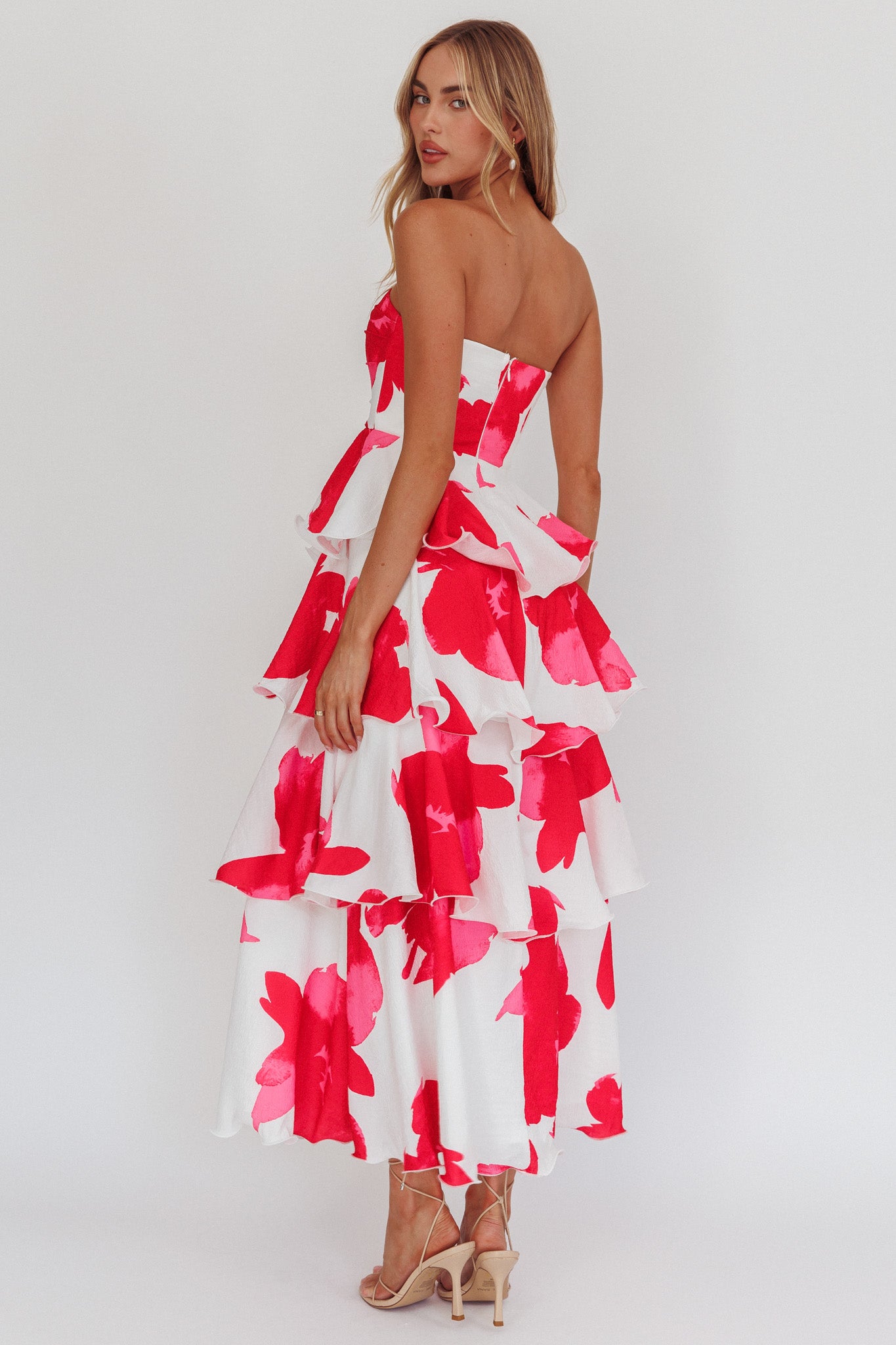 Giavana Strapless Layered Midi Dress Floral Red by Selfie Leslie