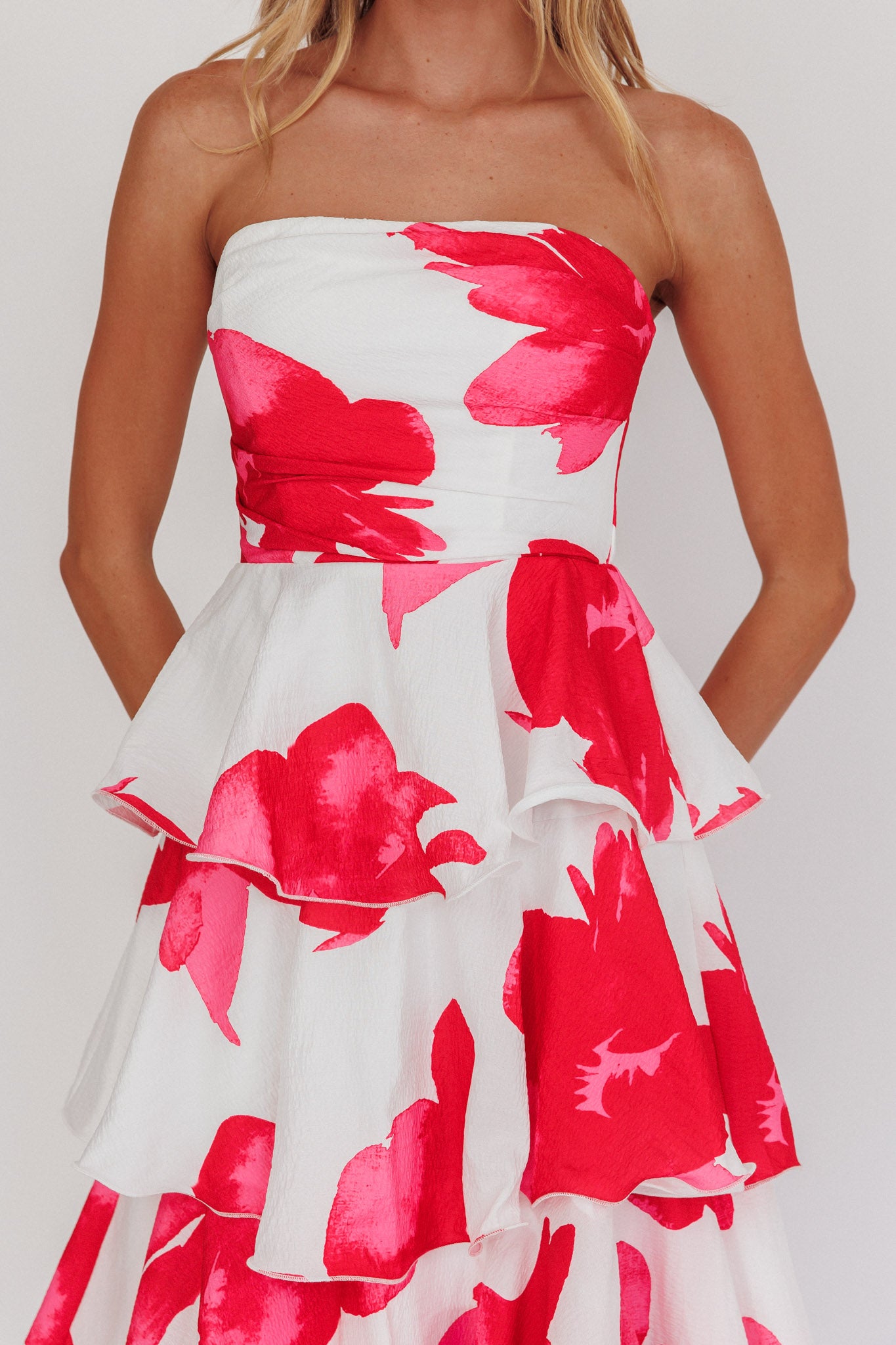 Giavana Strapless Layered Midi Dress Floral Red by Selfie Leslie