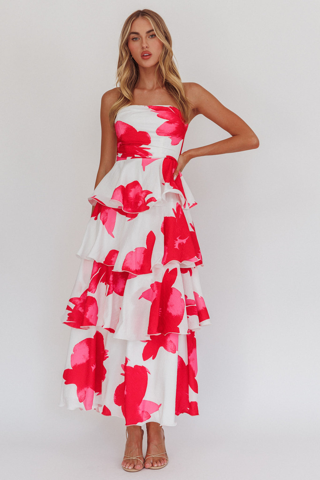 Giavana Strapless Layered Midi Dress Floral Red by Selfie Leslie