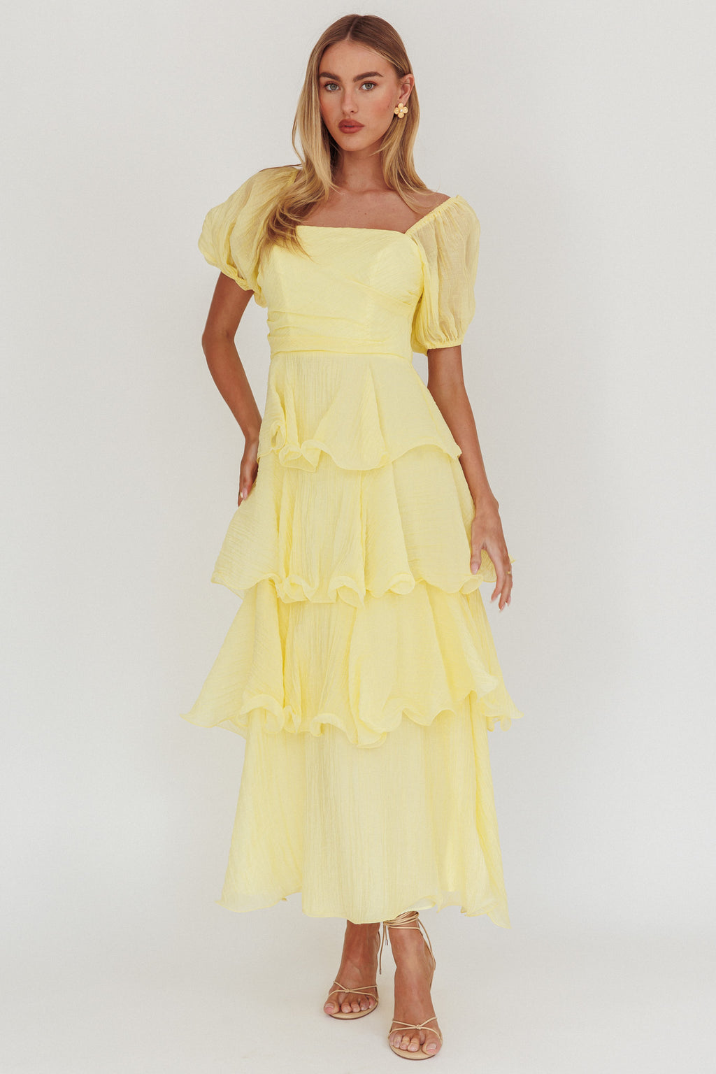 Giavana Puff Sleeve Layered Maxi Dress Lemon by Selfie Leslie
