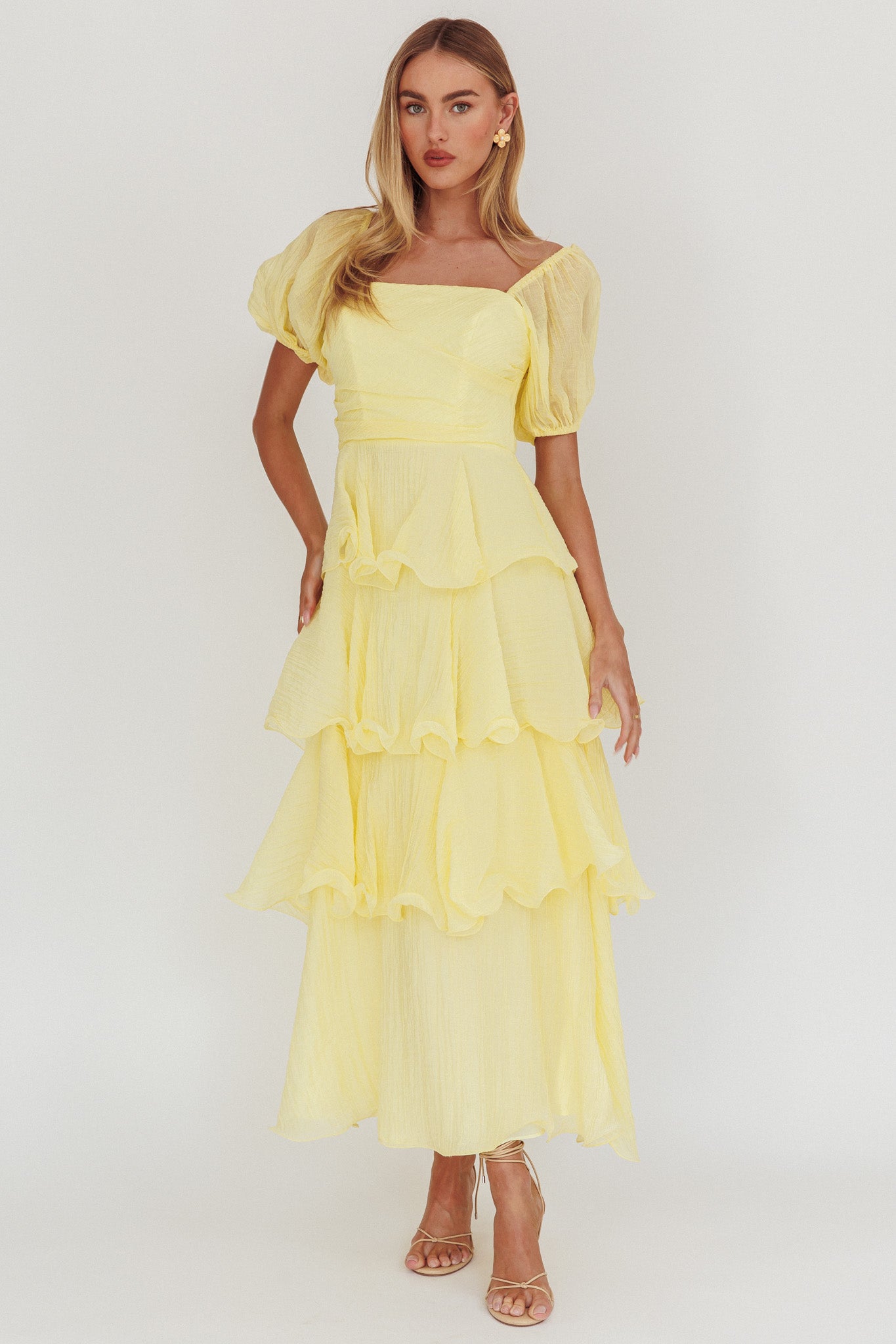 Giavana Puff Sleeve Layered Maxi Dress Lemon by Selfie Leslie
