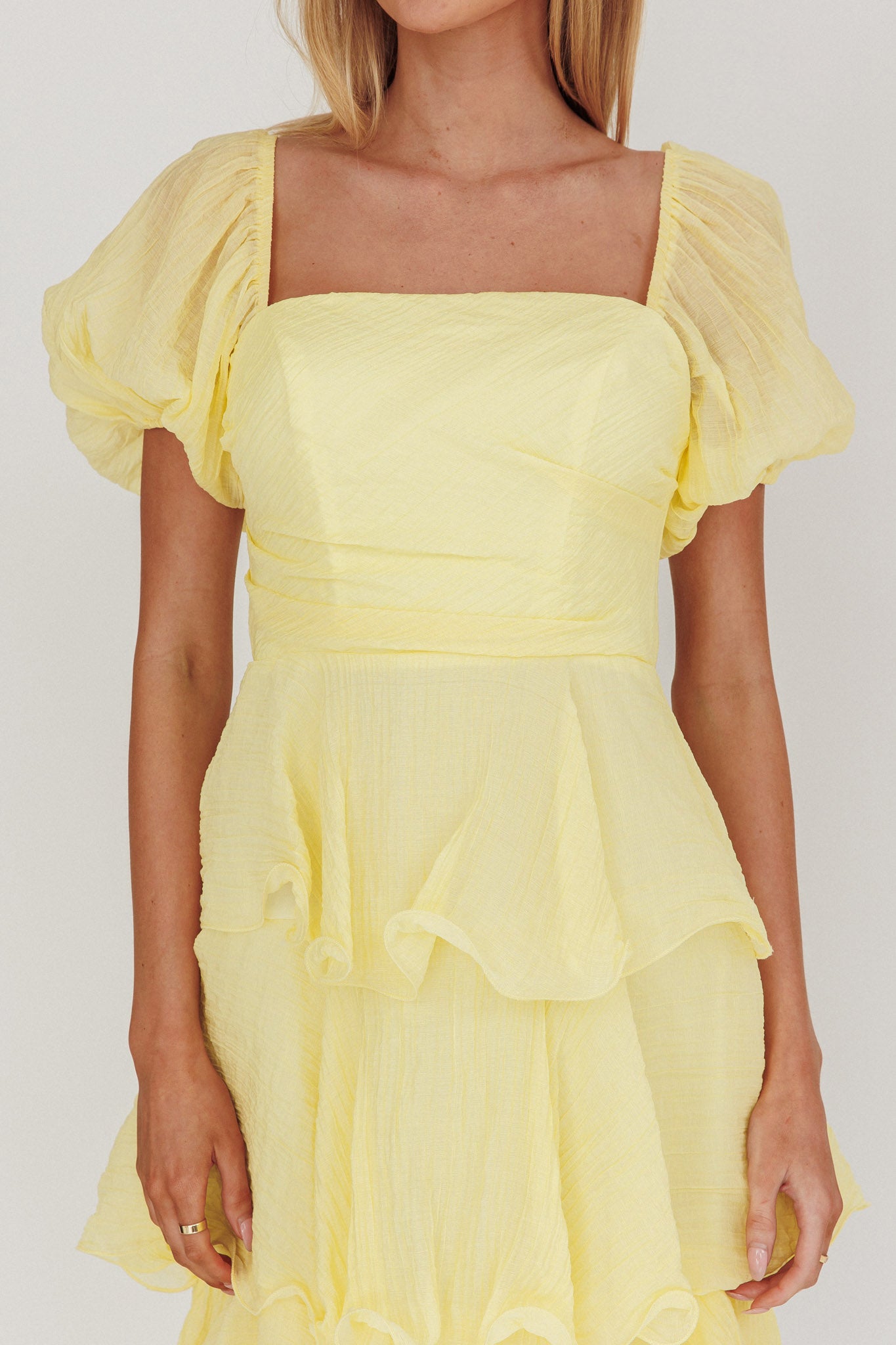 Giavana Puff Sleeve Layered Maxi Dress Lemon by Selfie Leslie