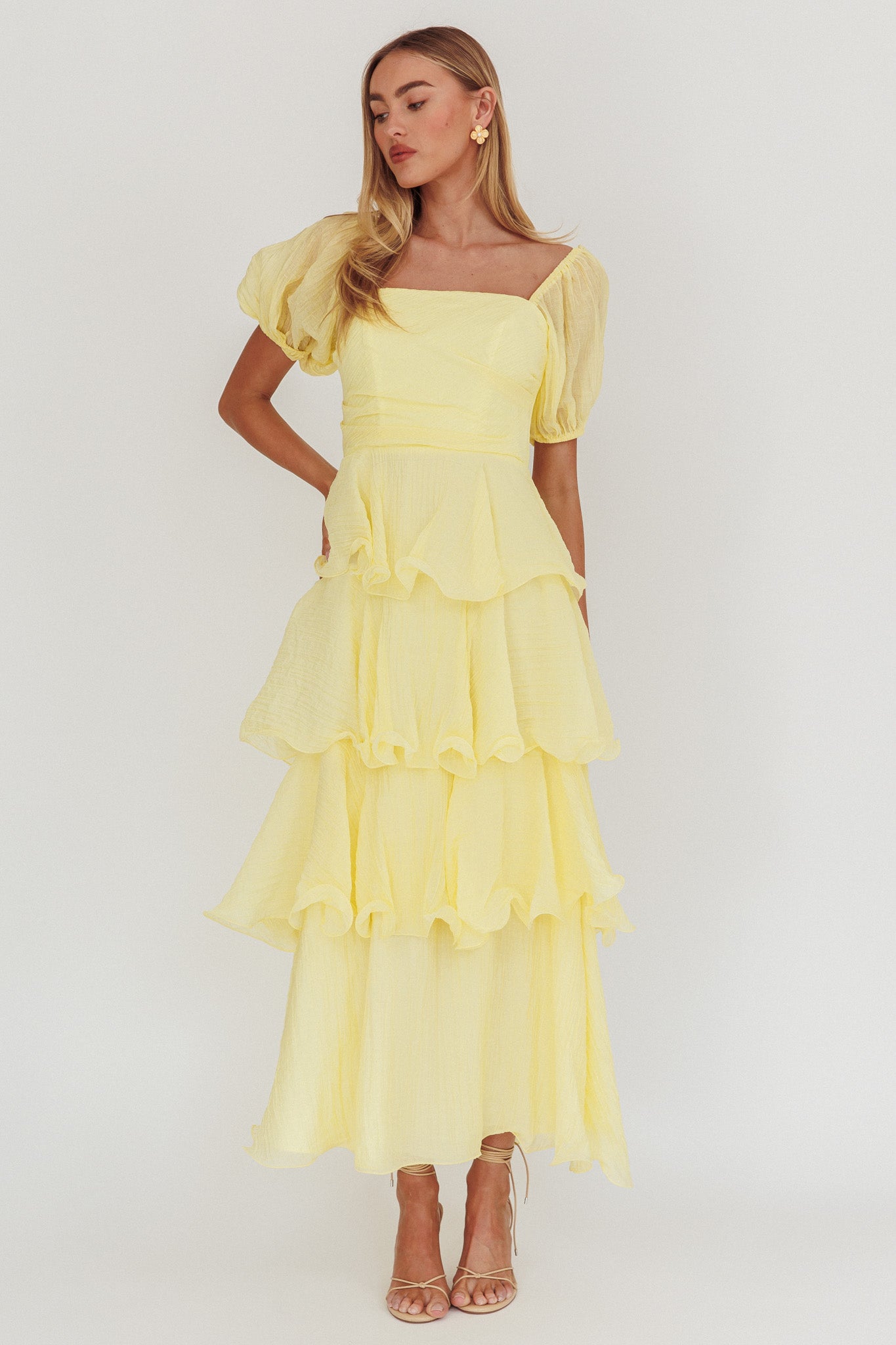 Giavana Puff Sleeve Layered Maxi Dress Lemon by Selfie Leslie