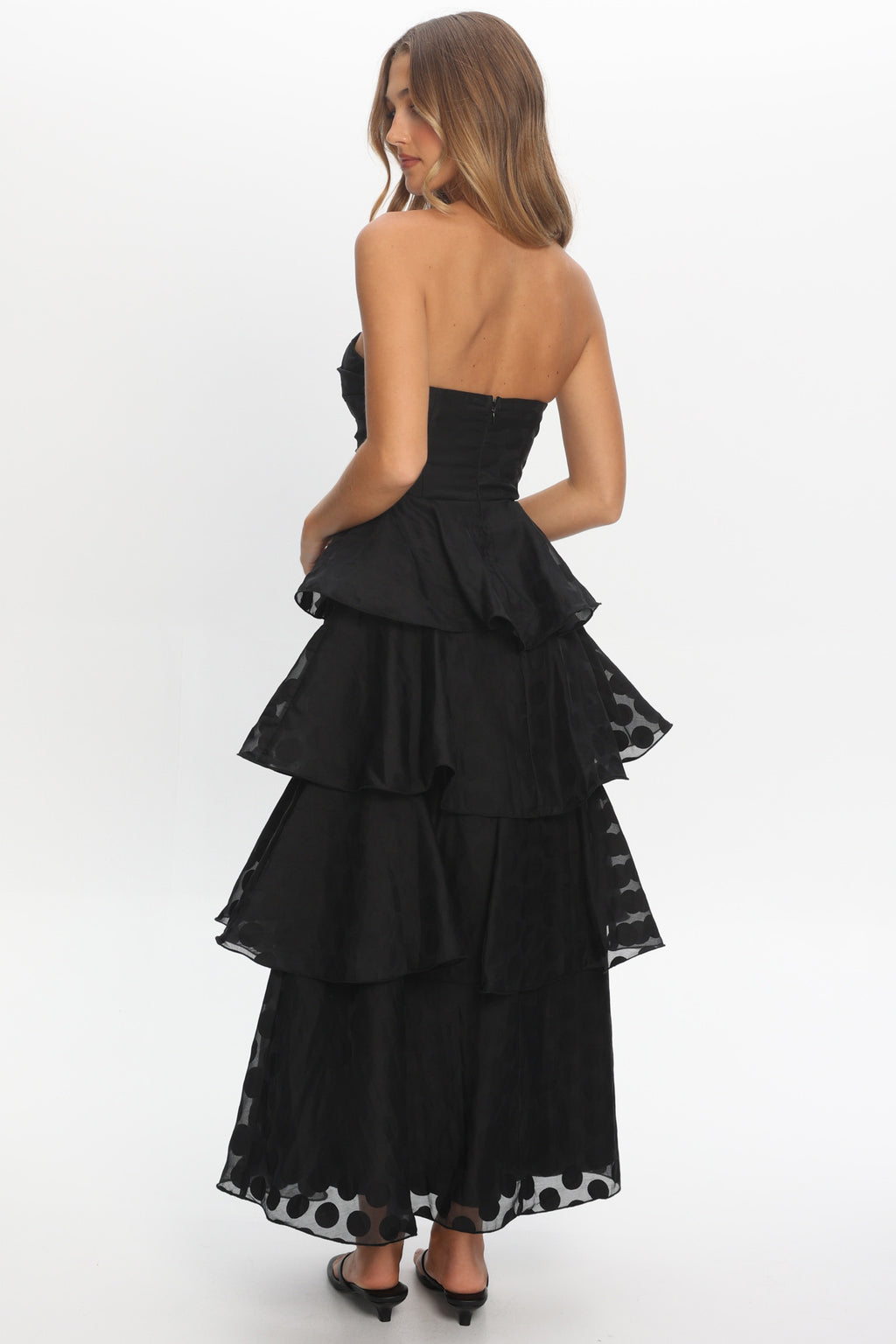 Giavana Strapless Layered Maxi Dress Polka Dot Black