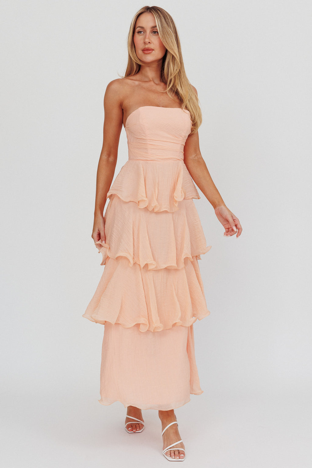 Giavana Strapless Layered Ruffles Midi Dress Blush by Selfie Leslie