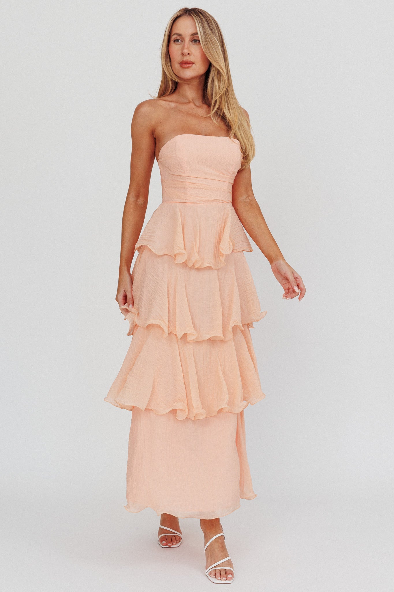Giavana Strapless Layered Ruffles Midi Dress Blush by Selfie Leslie