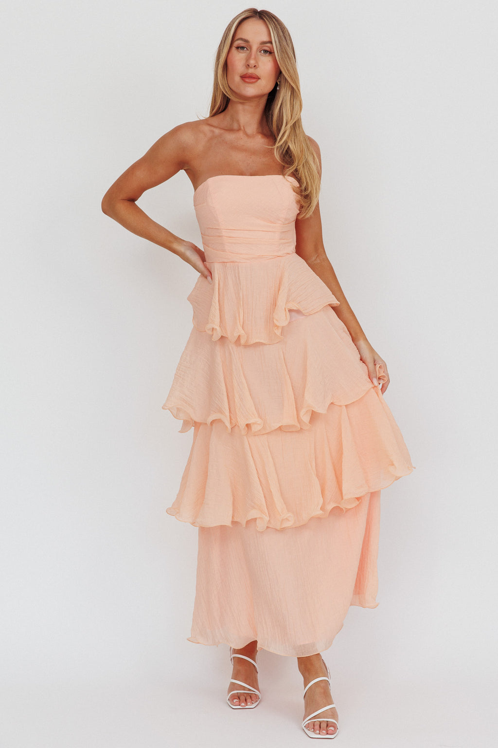 Giavana Strapless Layered Ruffles Midi Dress Blush by Selfie Leslie