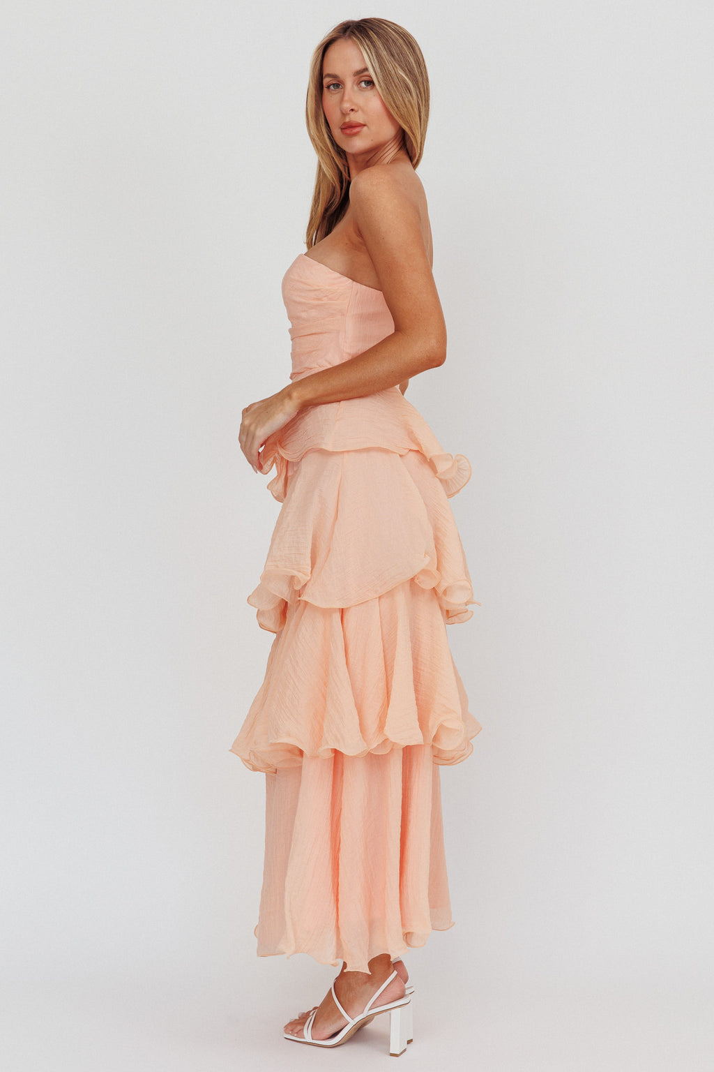 Giavana Strapless Layered Ruffles Midi Dress Blush by Selfie Leslie