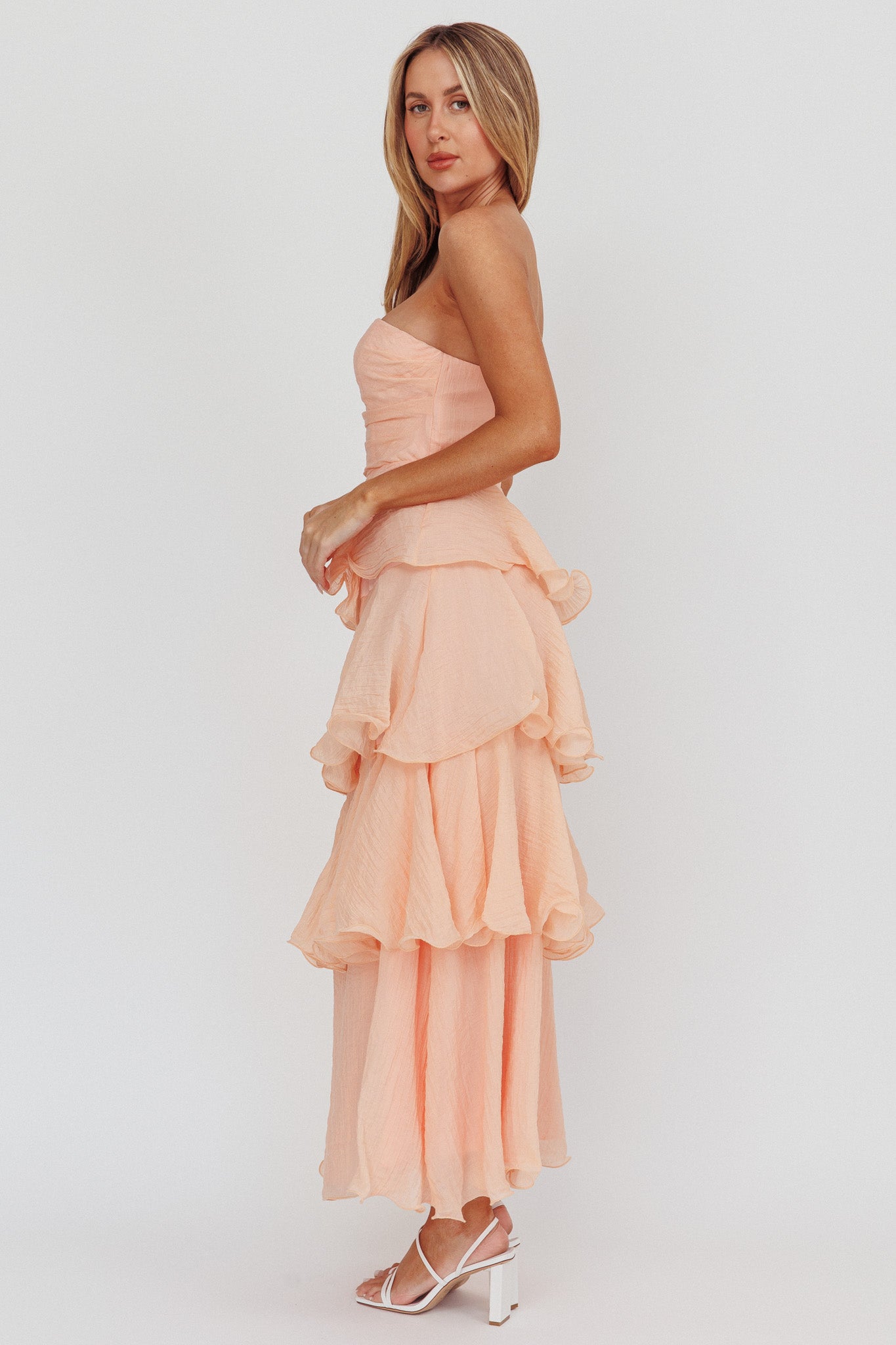 Giavana Strapless Layered Ruffles Midi Dress Blush by Selfie Leslie