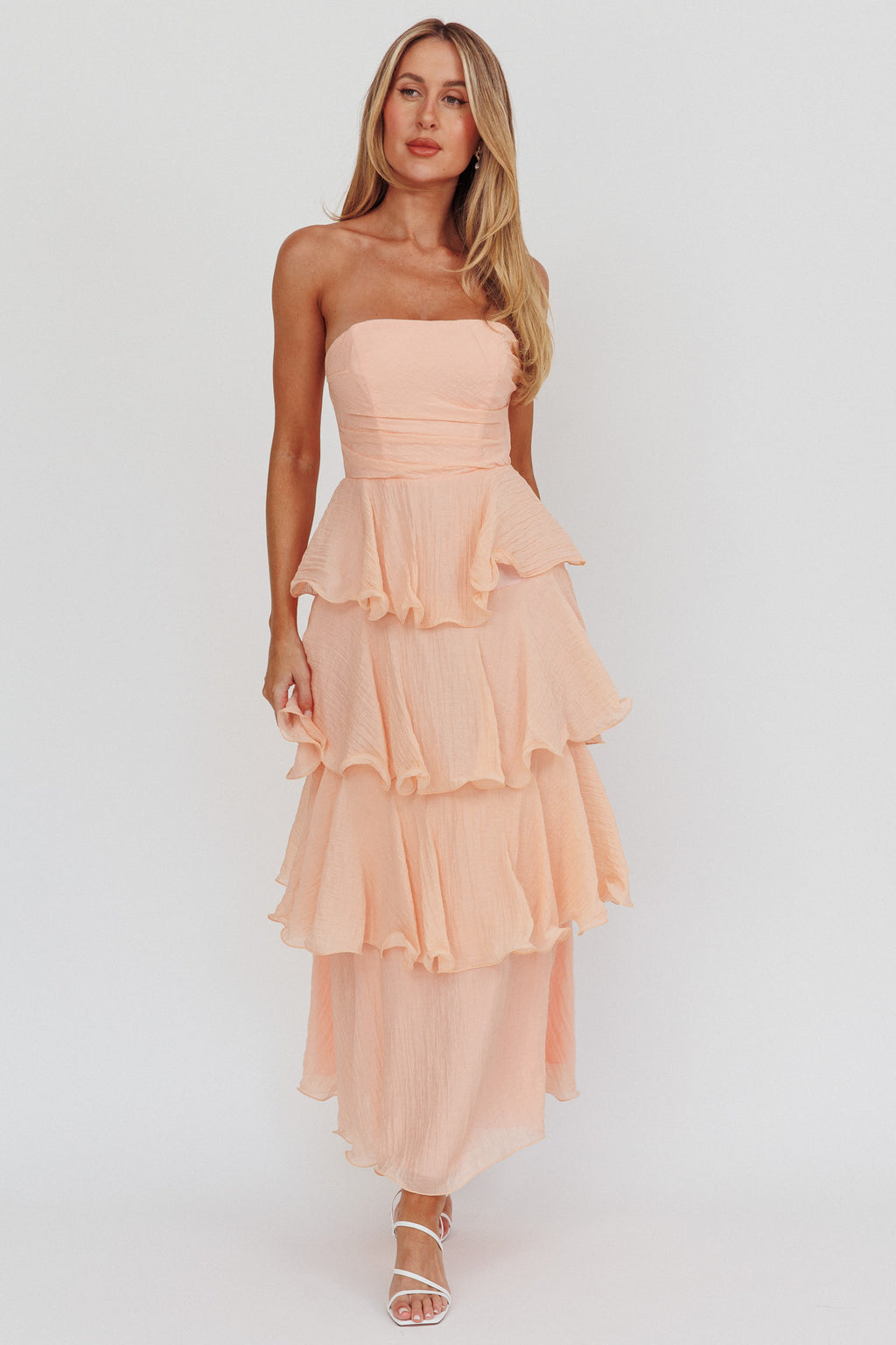 Giavana Strapless Layered Ruffles Midi Dress Blush by Selfie Leslie