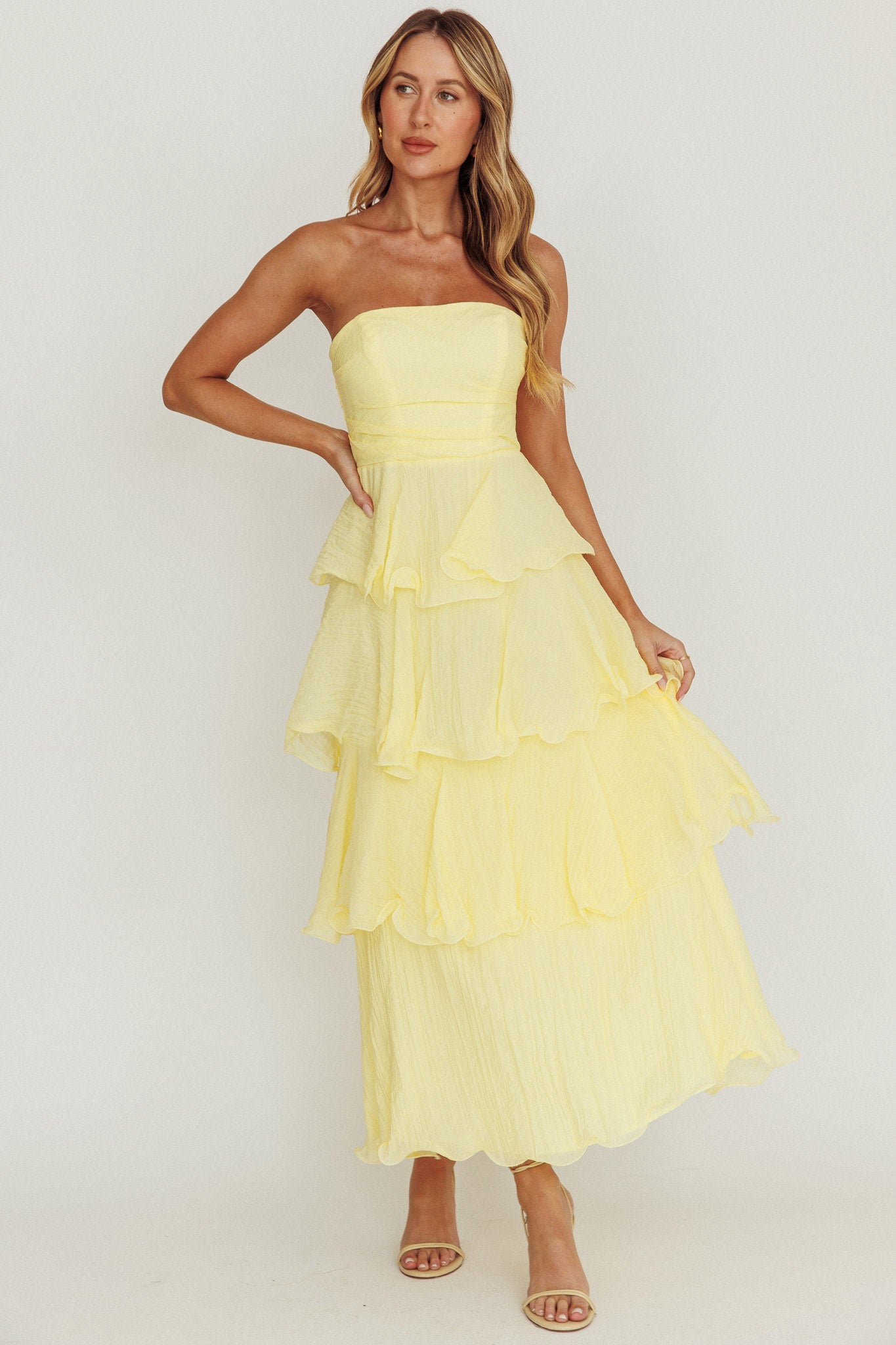 Giavana Strapless Layered Ruffles Midi Dress Lemon by Selfie Leslie