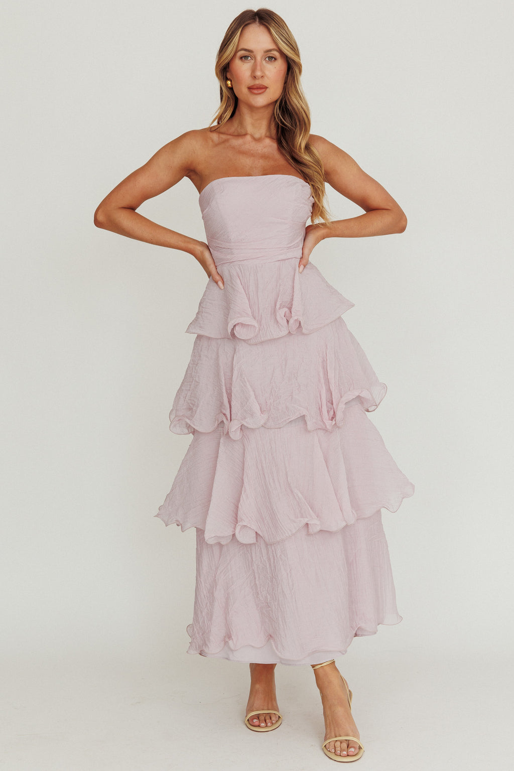 Giavana Strapless Layered Ruffles Midi Dress Lilac by Selfie Leslie