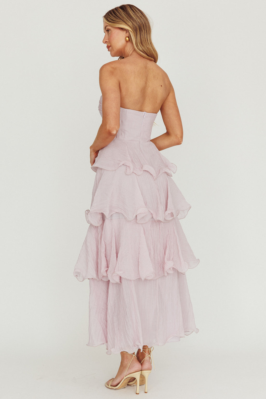 Giavana Strapless Layered Ruffles Midi Dress Lilac by Selfie Leslie